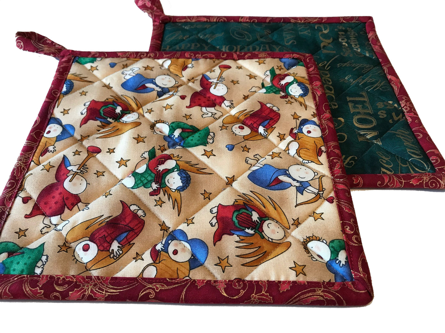 Christmas Quilted Pot Holders, Fabric Hot Pads, Set of 2