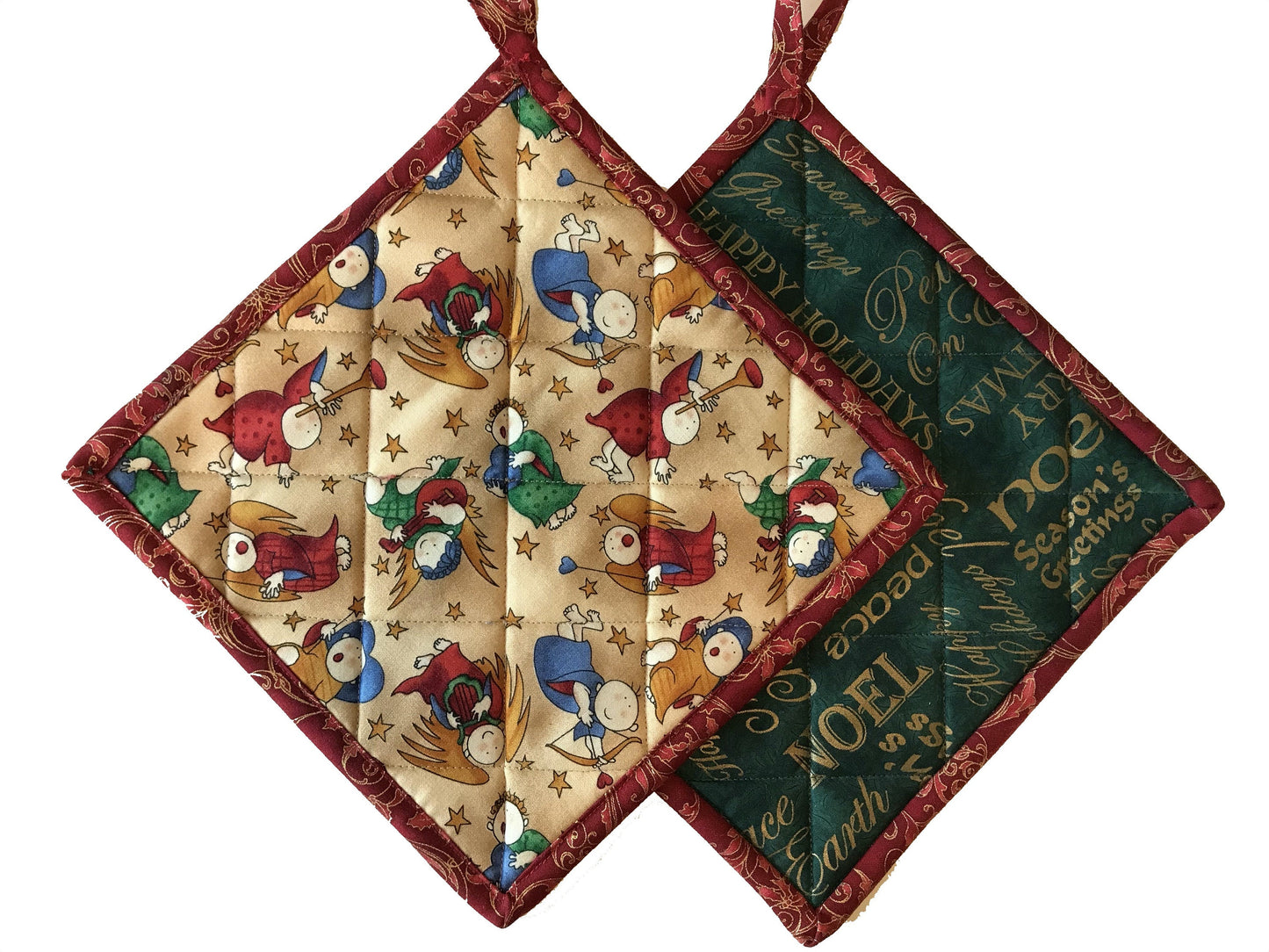 Christmas Quilted Pot Holders, Fabric Hot Pads, Set of 2