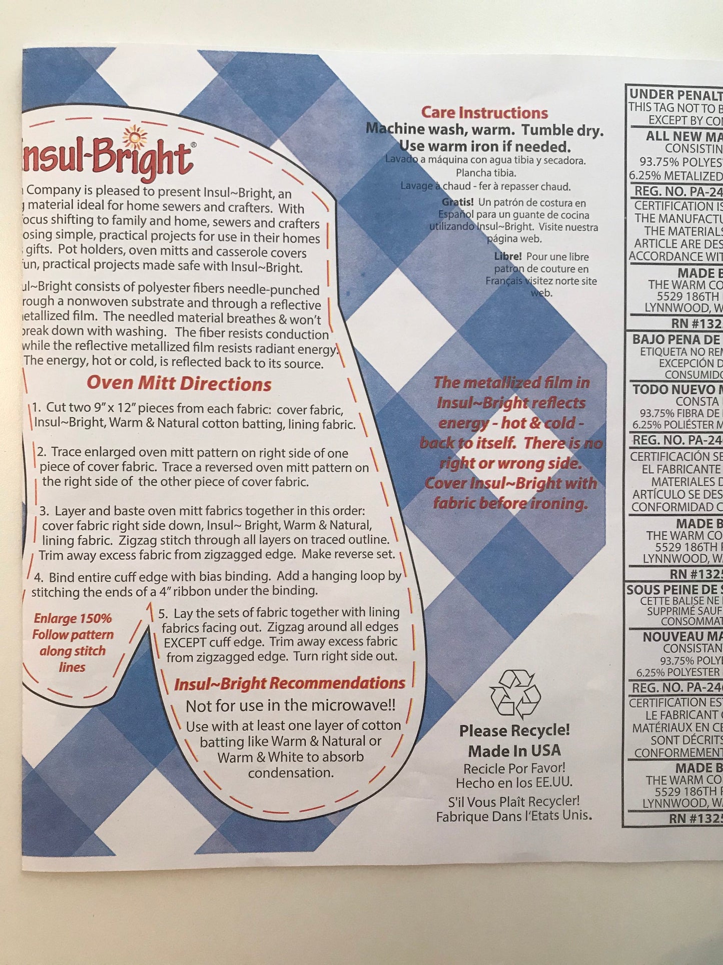 2 Yards Insul-Bright Heat Resistant Insulated Batting for Pot Holders, 45" wide