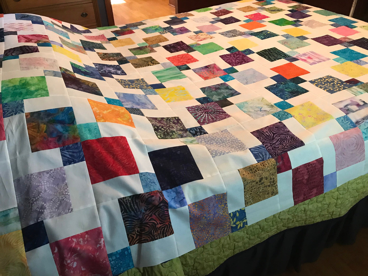 Vibrant Queen Size Batik Quilt Top: Handmade Unfinished Patchwork Cotton Floral Design 72x84