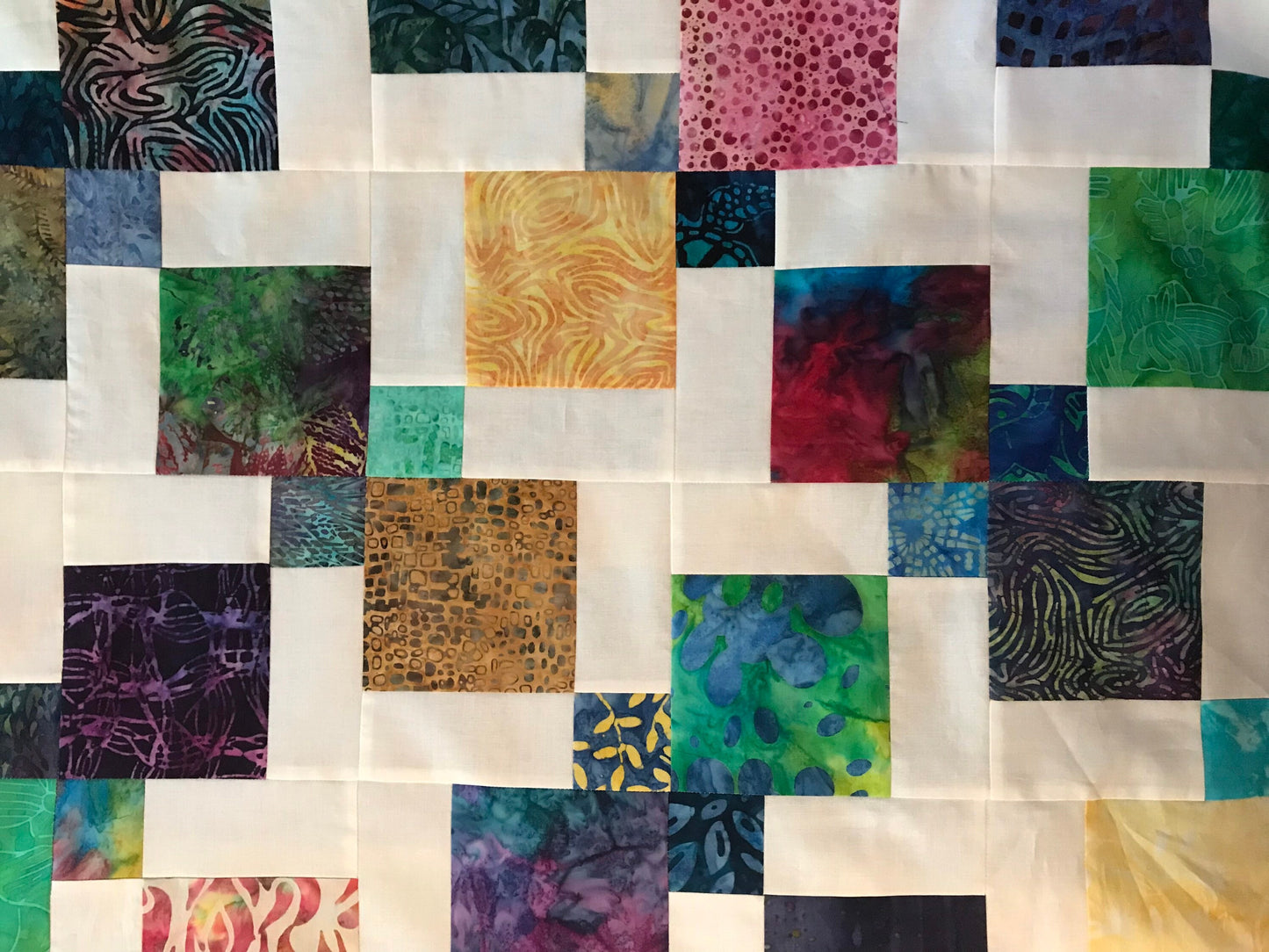 Vibrant Queen Size Batik Quilt Top: Handmade Unfinished Patchwork Cotton Floral Design 72x84