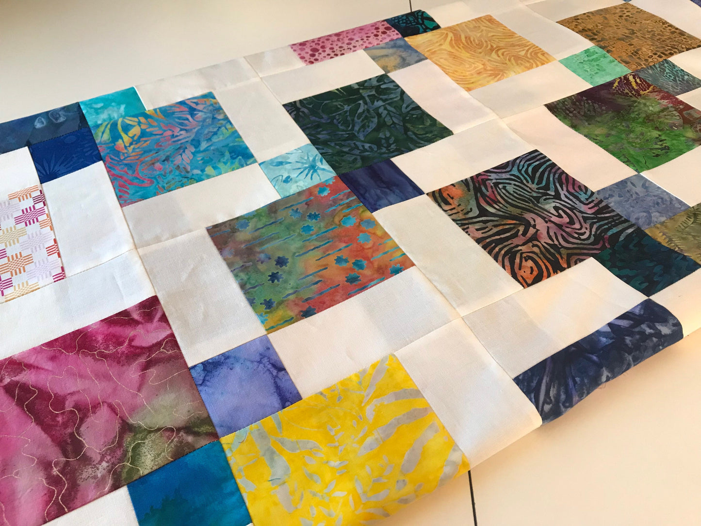 Vibrant Queen Size Batik Quilt Top: Handmade Unfinished Patchwork Cotton Floral Design 72x84