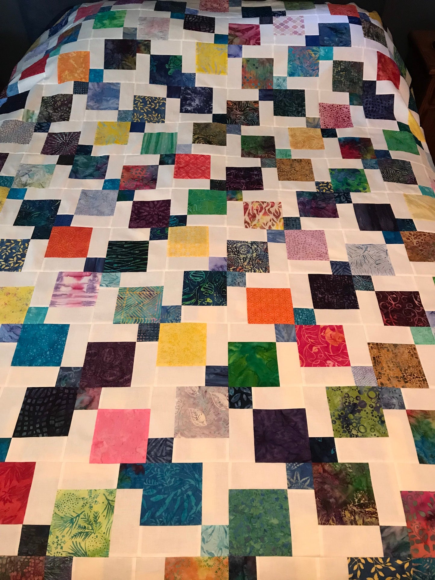 Vibrant Queen Size Batik Quilt Top: Handmade Unfinished Patchwork Cotton Floral Design 72x84