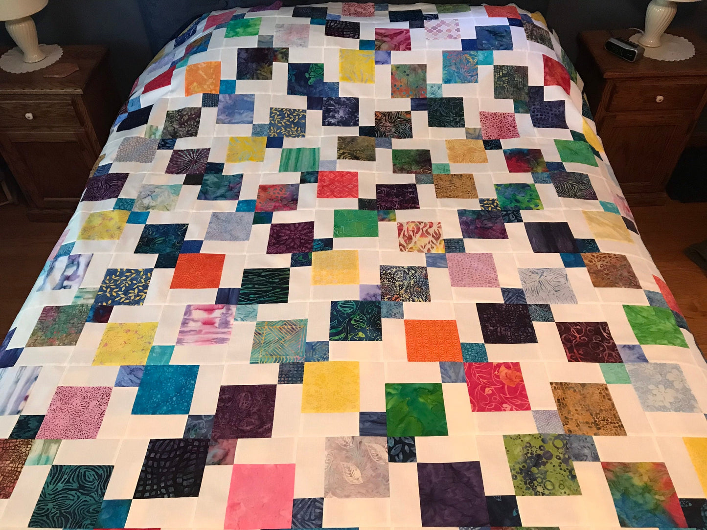 Vibrant Queen Size Batik Quilt Top: Handmade Unfinished Patchwork Cotton Floral Design 72x84