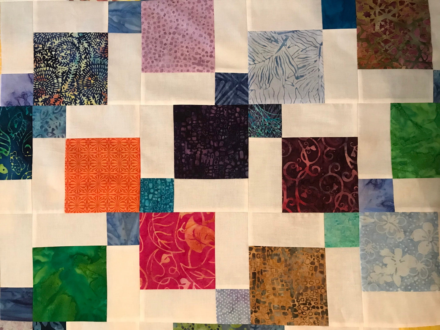 Vibrant Queen Size Batik Quilt Top: Handmade Unfinished Patchwork Cotton Floral Design 72x84