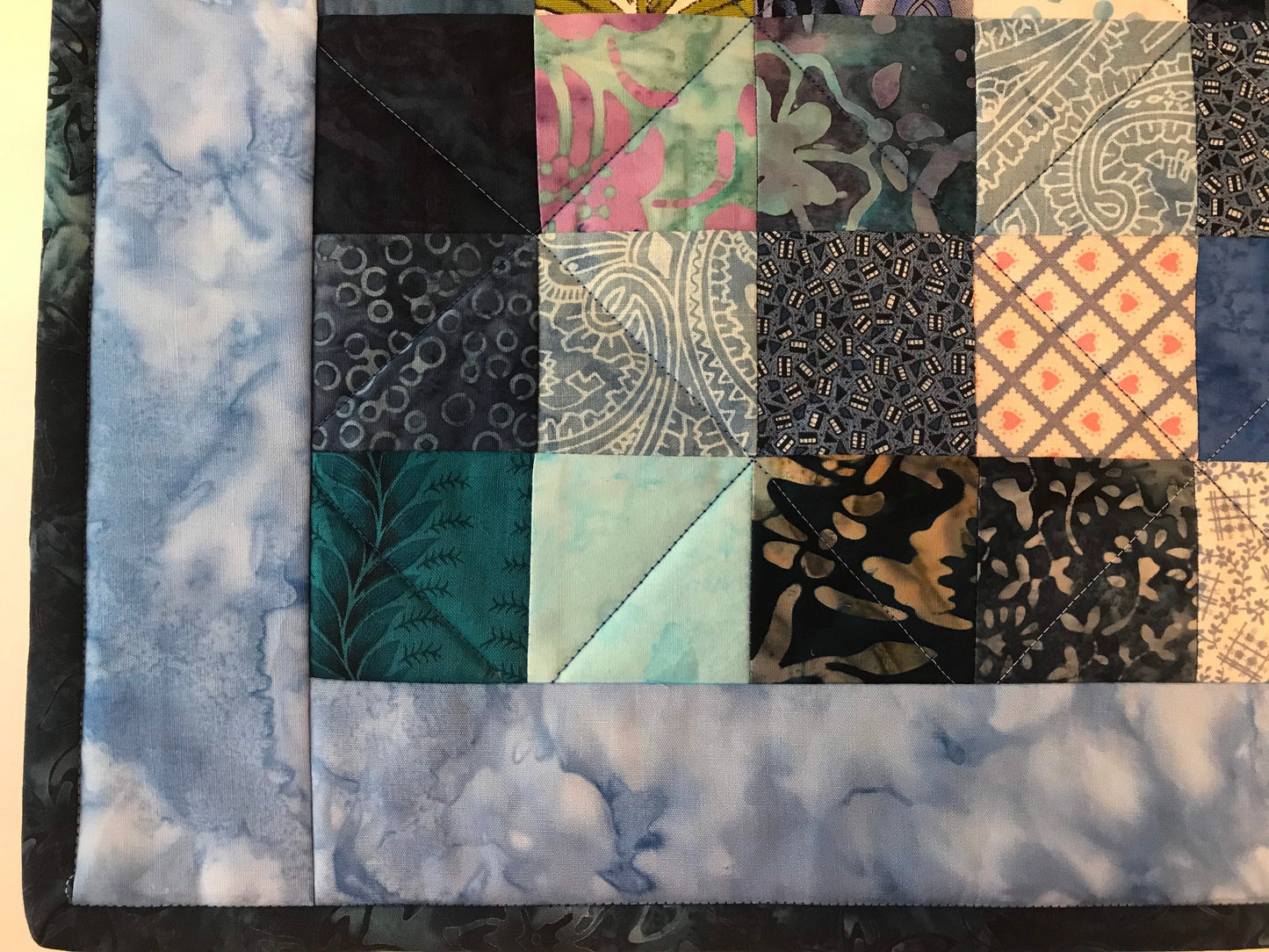 Handmade Blue Quilted Table Runner 16x40 - Custom Kitchen & Dining Room Decor Accent