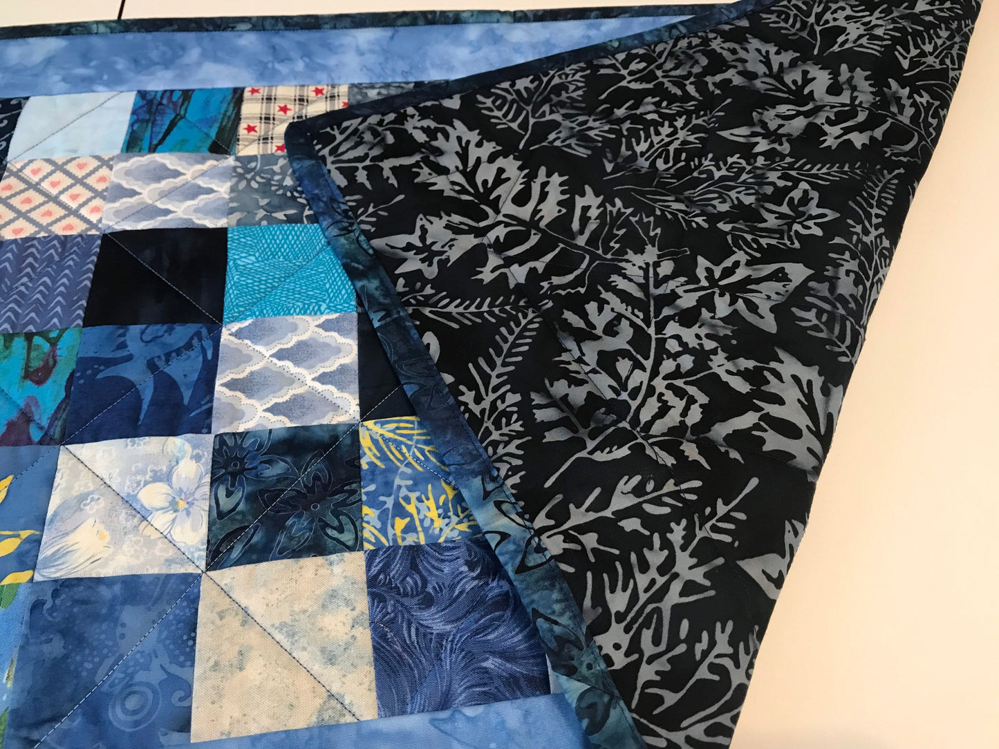 Handmade Blue Quilted Table Runner 16x40 - Custom Kitchen & Dining Room Decor Accent