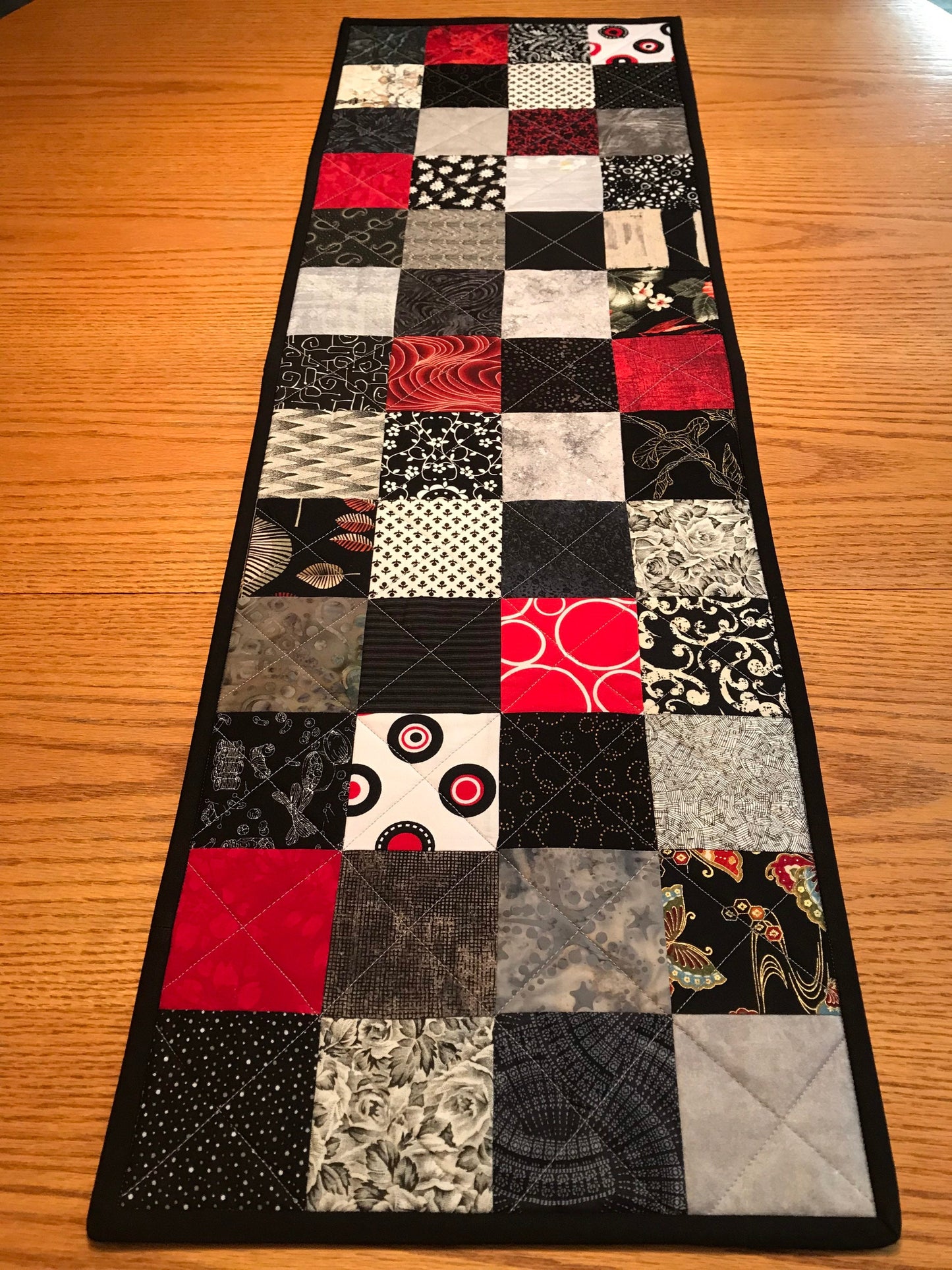 Elegant Quilted Table Runner: Black, Red & Gray Centerpiece for Modern Farmhouse Kitchen Decor