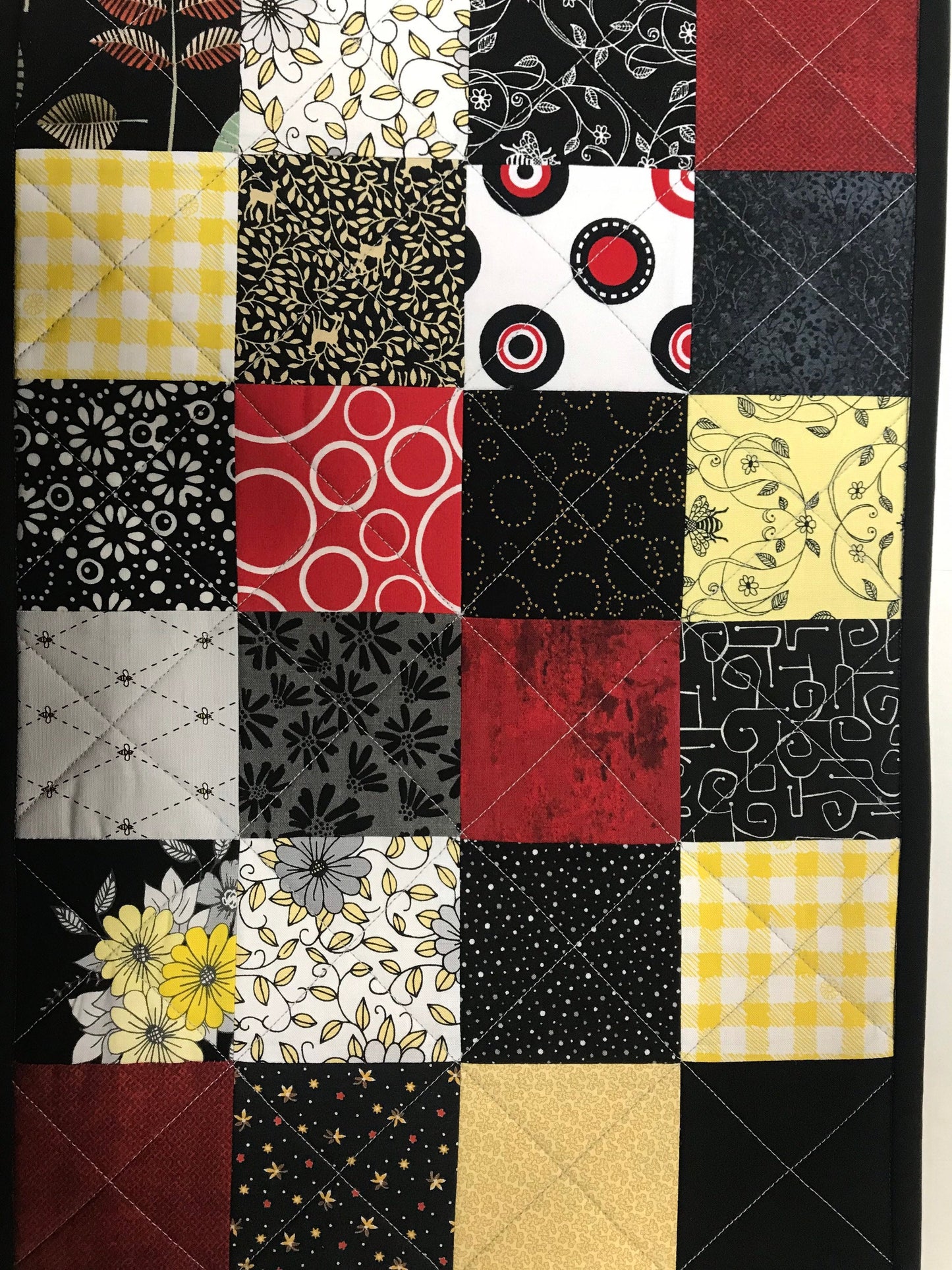 Quilted Table Runner: Black, Red, Yellow Patchwork Centerpiece - Modern Farmhouse Decor (12x39)