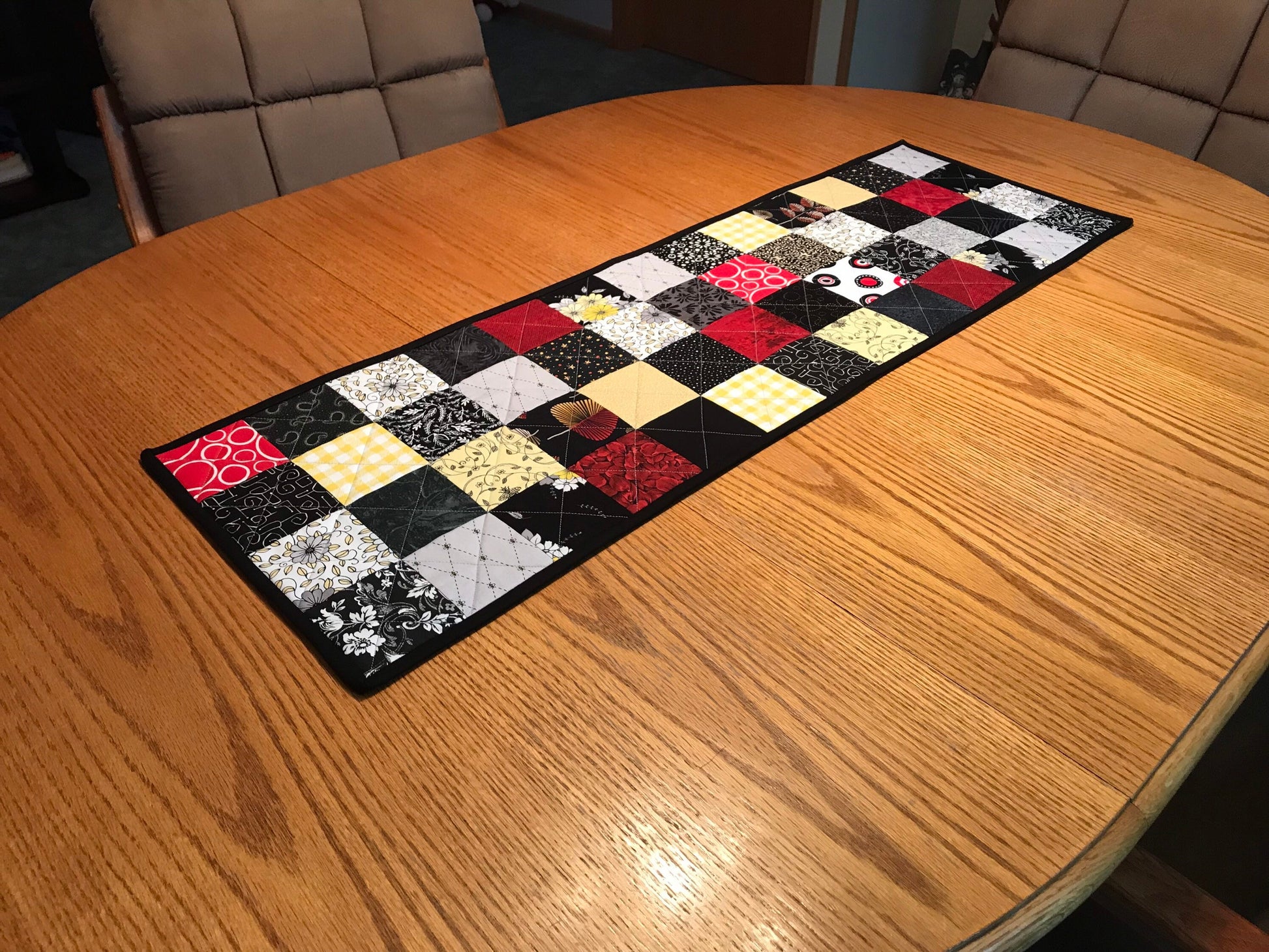 Quilted Table Runner: Black, Red, Yellow Patchwork Centerpiece - Modern Farmhouse Decor (12x39)