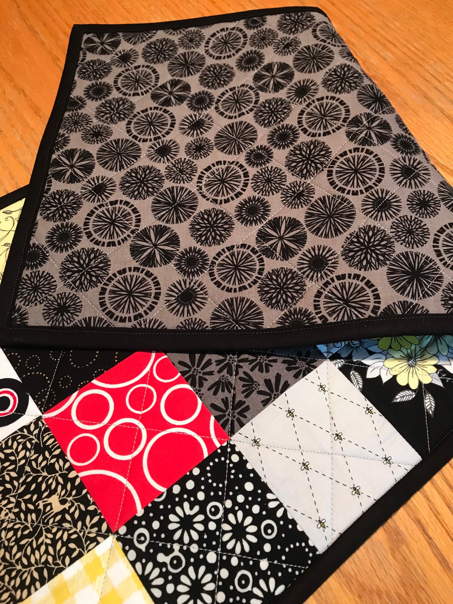 Quilted Table Runner: Black, Red, Yellow Patchwork Centerpiece - Modern Farmhouse Decor (12x39)