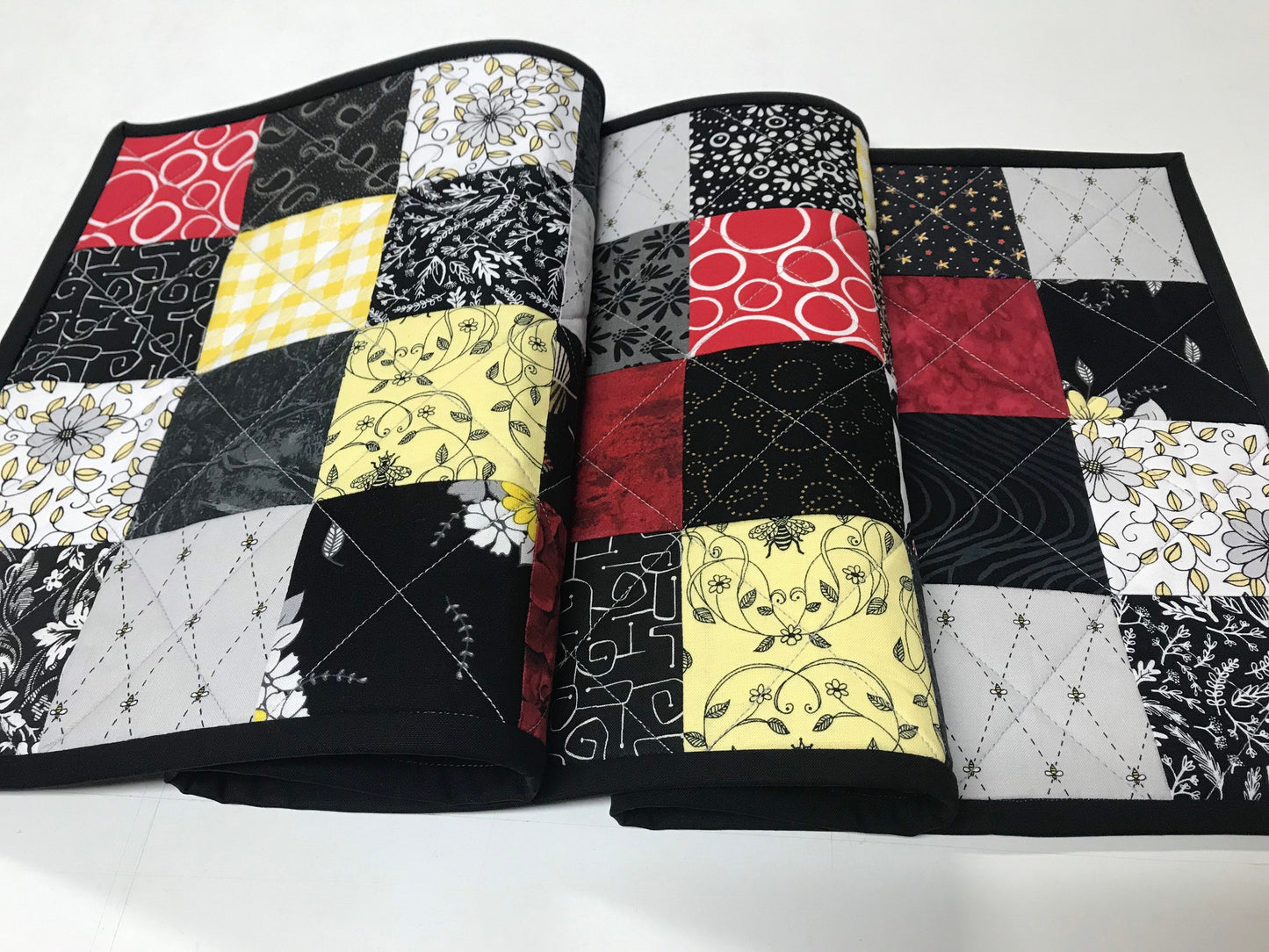 Quilted Table Runner: Black, Red, Yellow Patchwork Centerpiece - Modern Farmhouse Decor (12x39)
