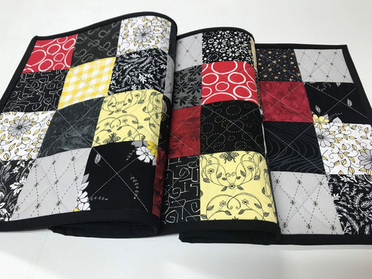 Quilted Table Runner: Black, Red, Yellow Patchwork Centerpiece - Modern Farmhouse Decor (12x39)