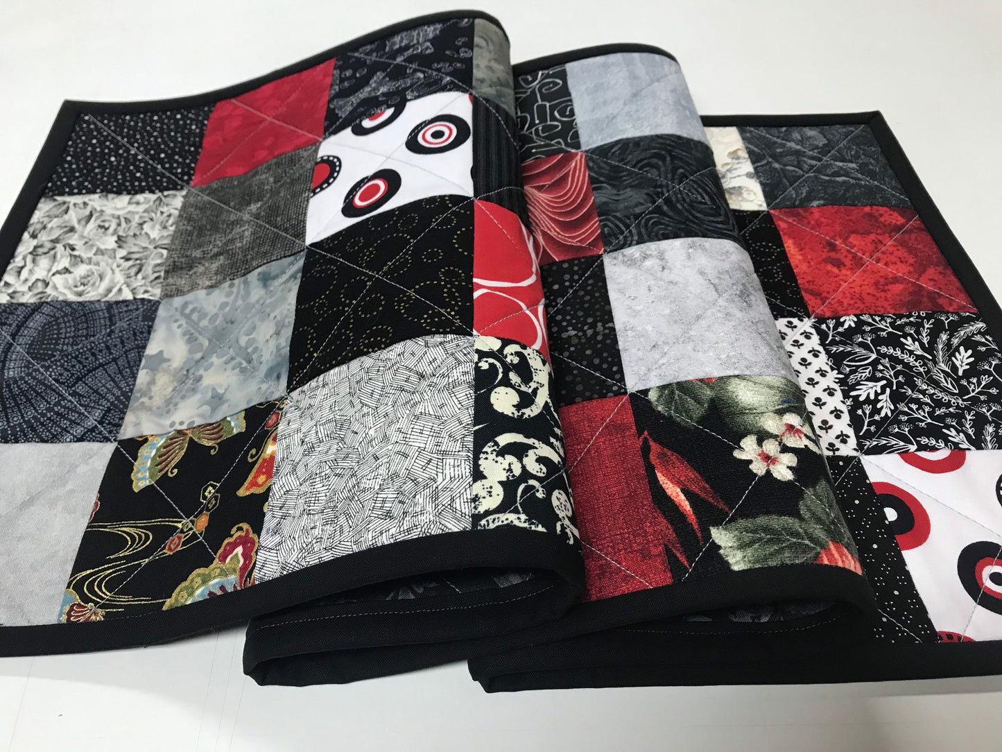 Elegant Quilted Table Runner: Black, Red & Gray Centerpiece for Modern Farmhouse Kitchen Decor
