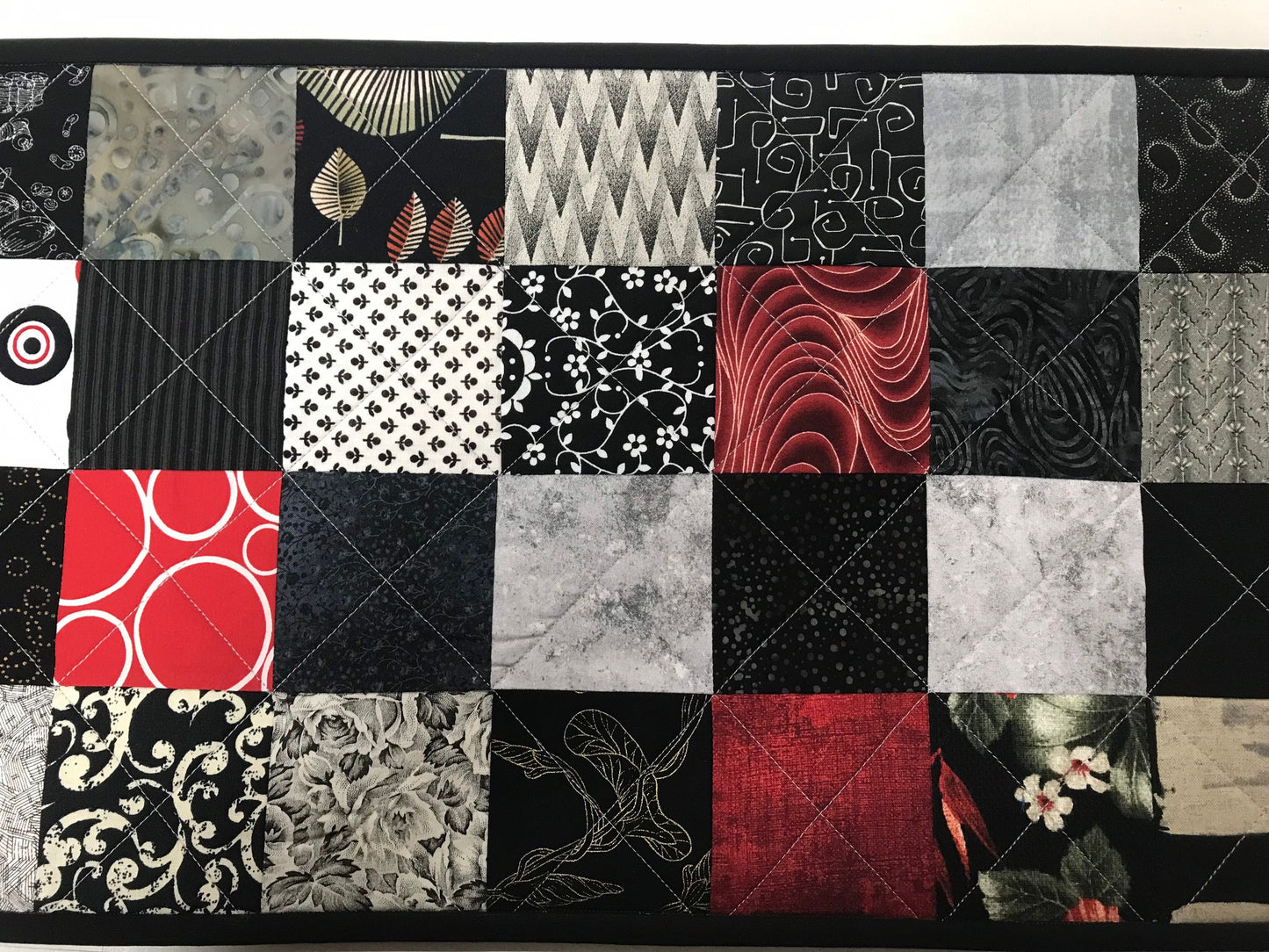 Elegant Quilted Table Runner: Black, Red & Gray Centerpiece for Modern Farmhouse Kitchen Decor