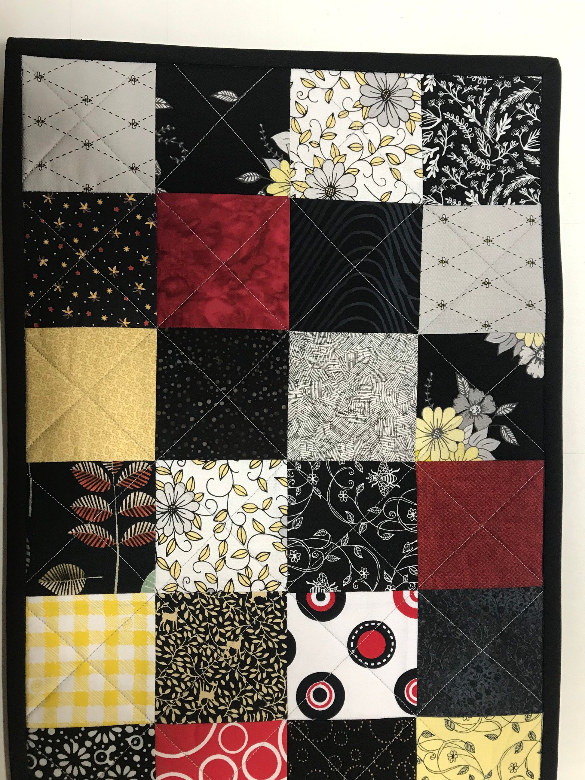 Quilted Table Runner: Black, Red, Yellow Patchwork Centerpiece - Modern Farmhouse Decor (12x39)