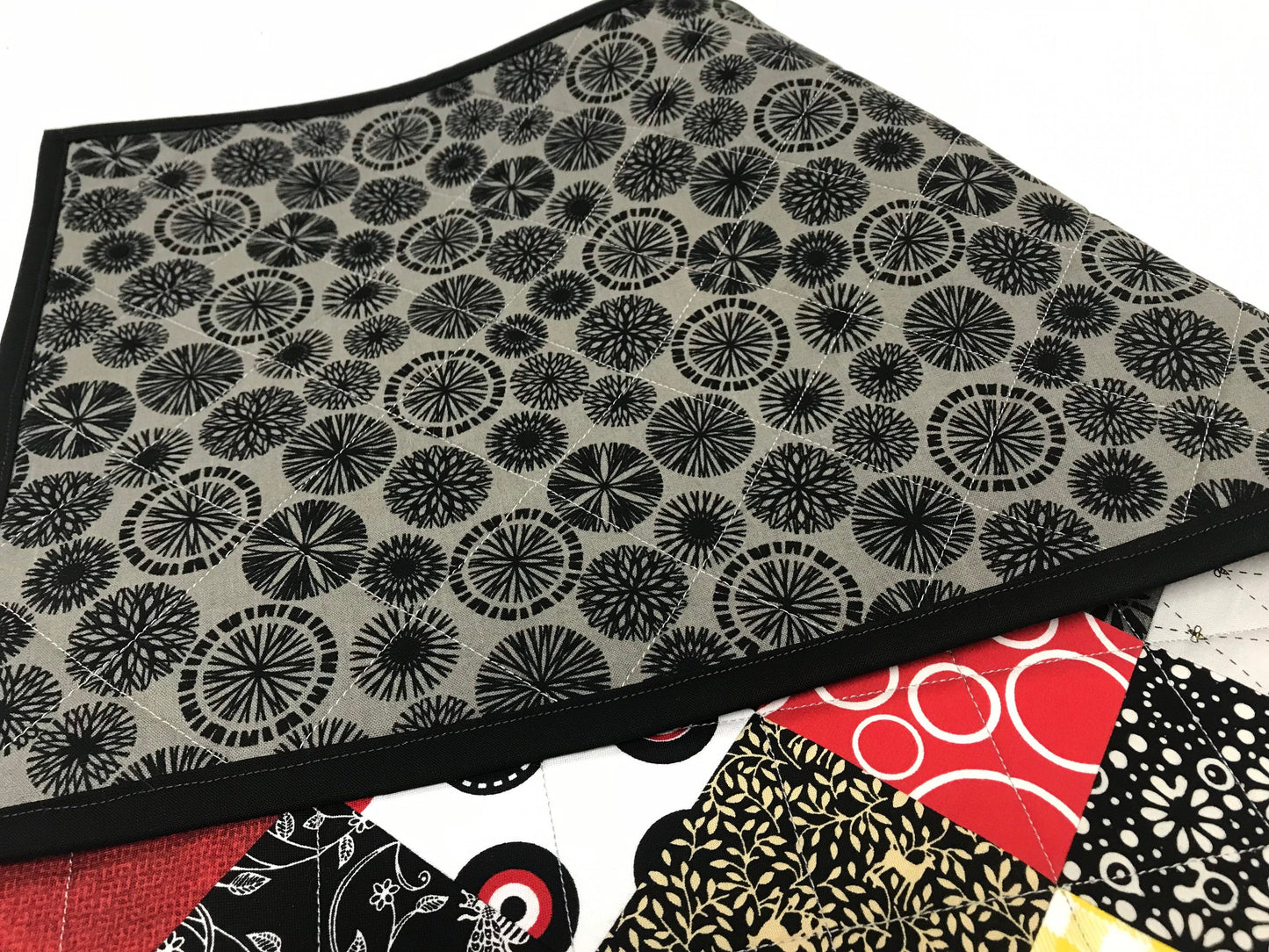 Quilted Table Runner: Black, Red, Yellow Patchwork Centerpiece - Modern Farmhouse Decor (12x39)