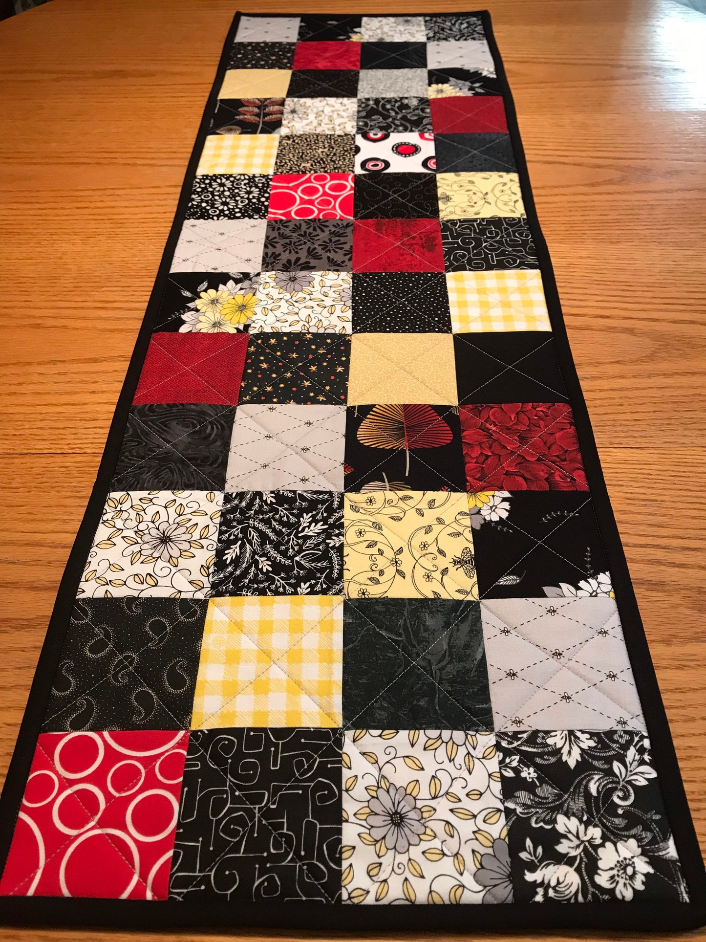 Quilted Table Runner: Black, Red, Yellow Patchwork Centerpiece - Modern Farmhouse Decor (12x39)