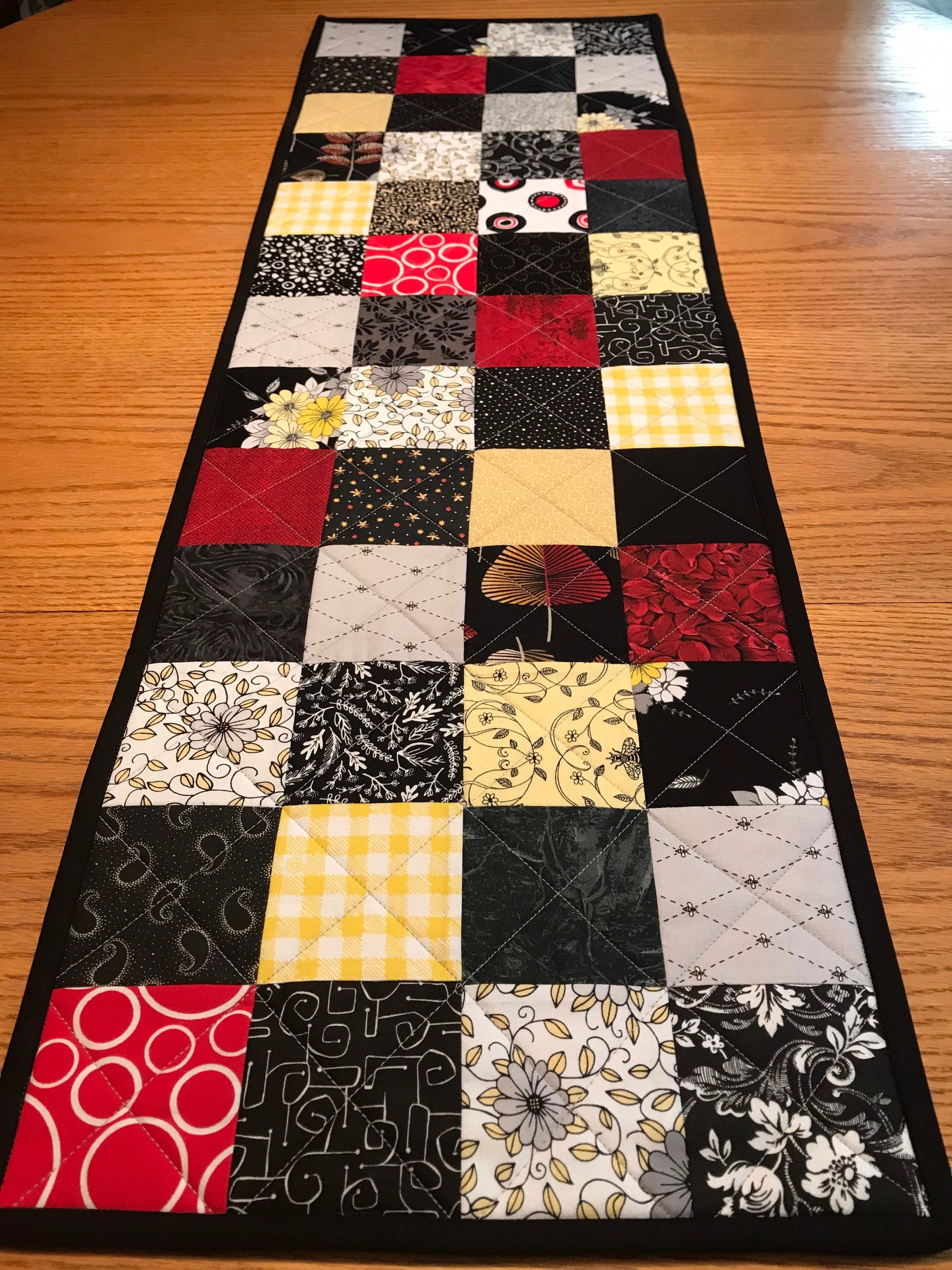 Quilted Table Runner: Black, Red, Yellow Patchwork Centerpiece - Modern Farmhouse Decor (12x39)