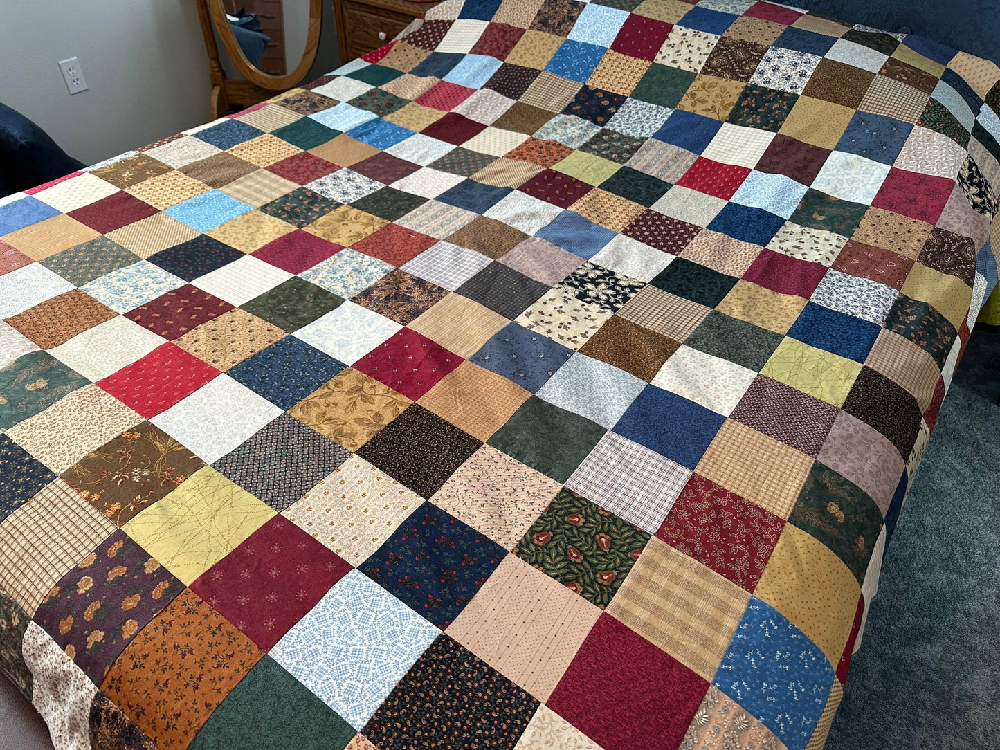 Handmade Queen Size Patchwork Quilt Top - Unfinished Americana Farmhouse Decor 72x85 Inches