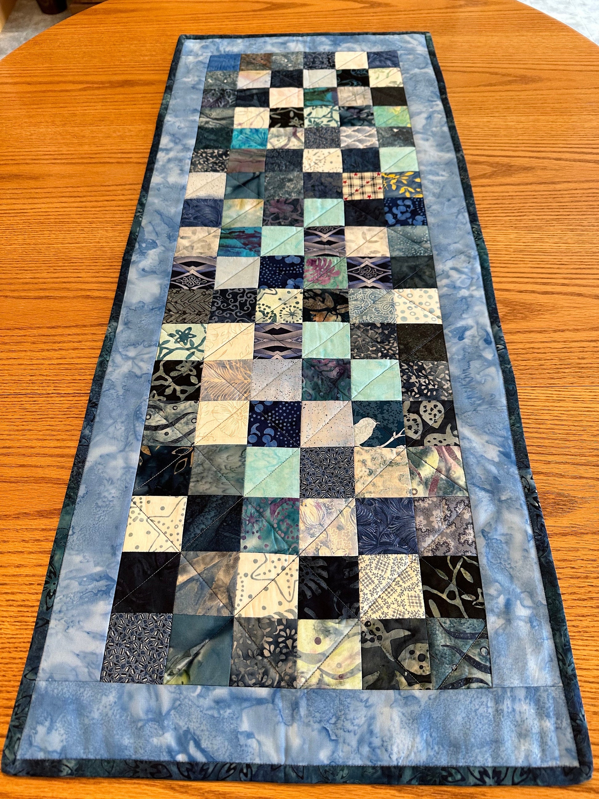 Handmade Blue Quilted Table Runner 16x40 - Custom Kitchen & Dining Room Decor Accent