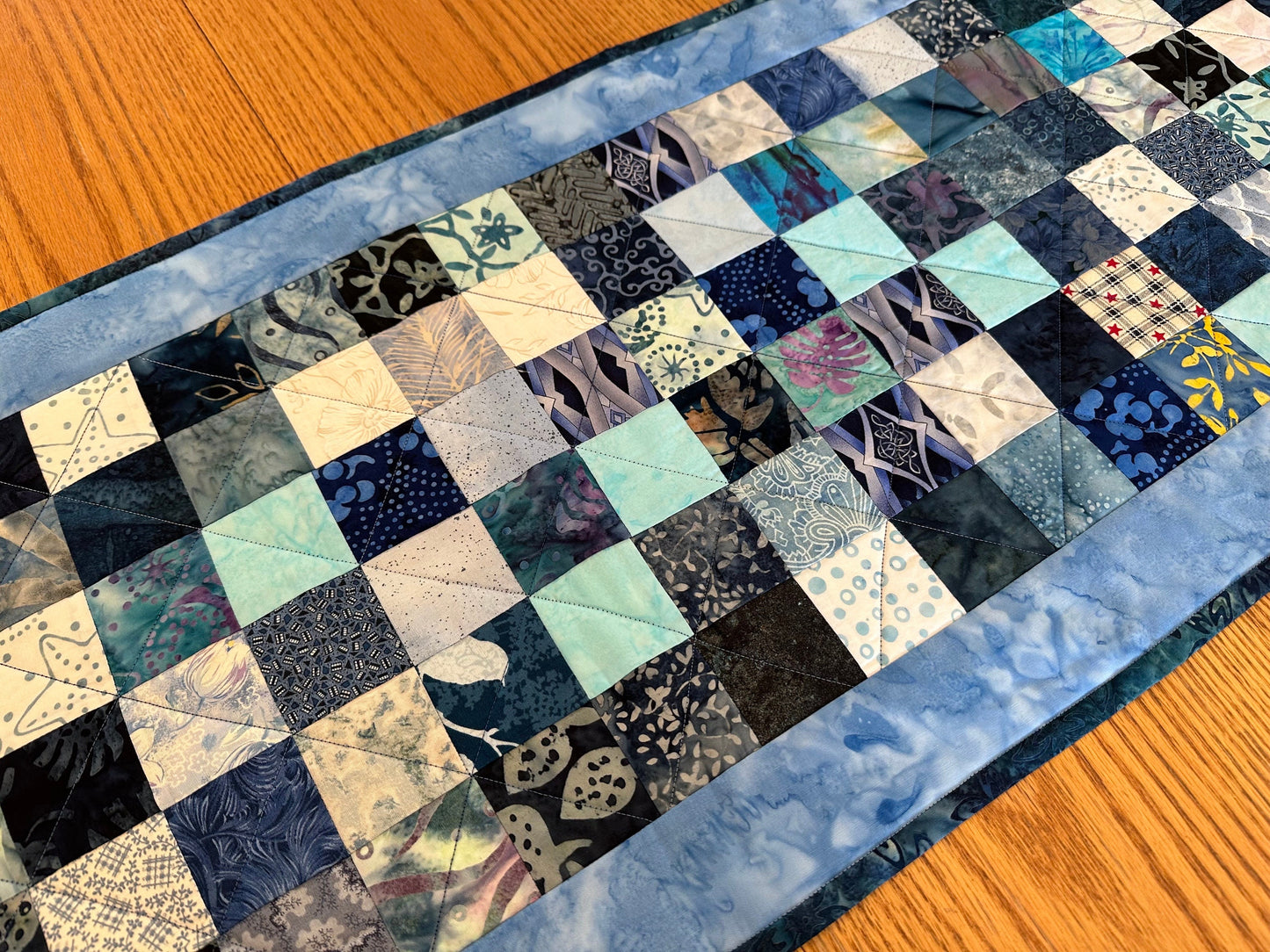Handmade Blue Quilted Table Runner 16x40 - Custom Kitchen & Dining Room Decor Accent