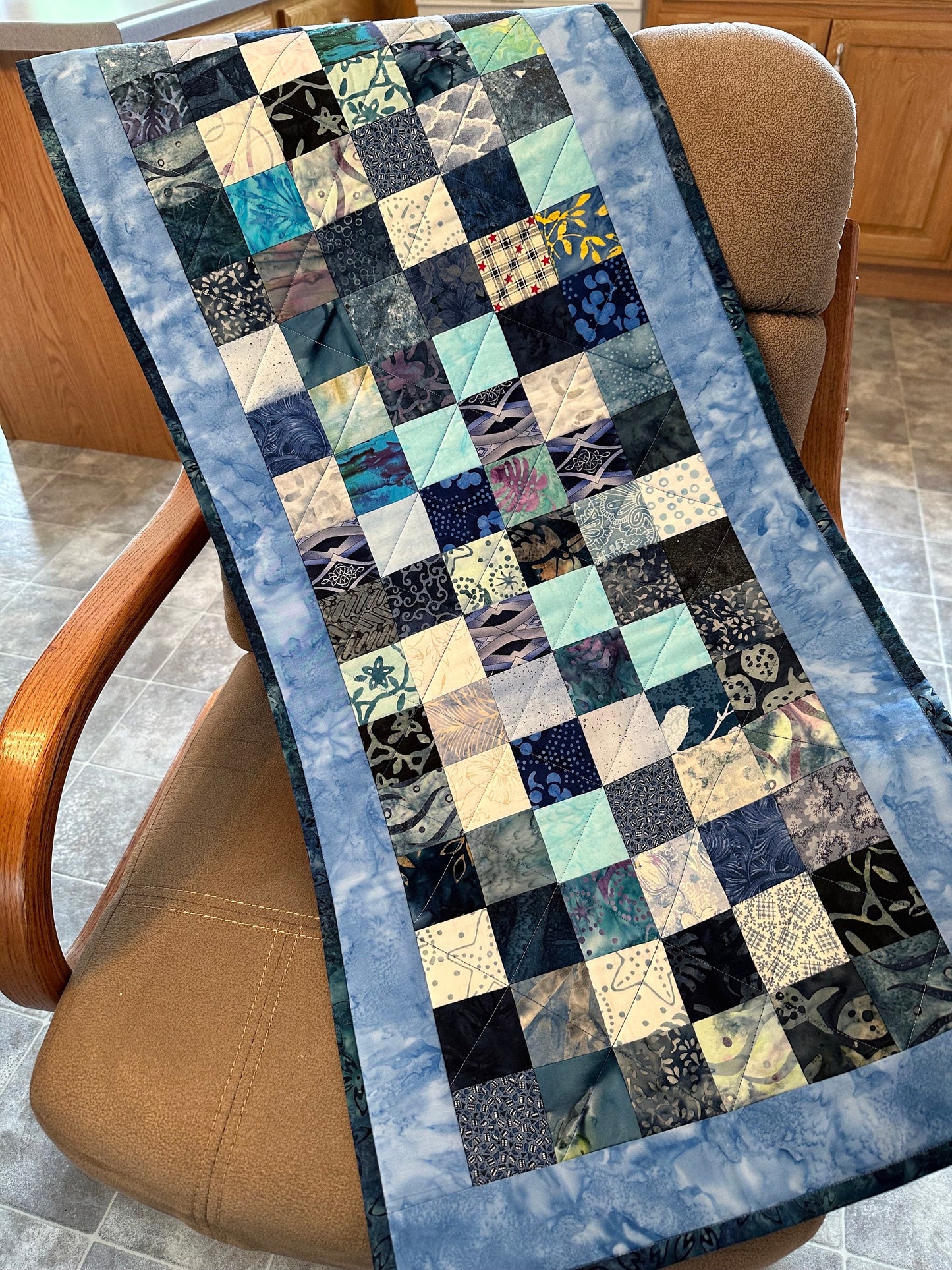Handmade Blue Quilted Table Runner 16x40 - Custom Kitchen & Dining Room Decor Accent