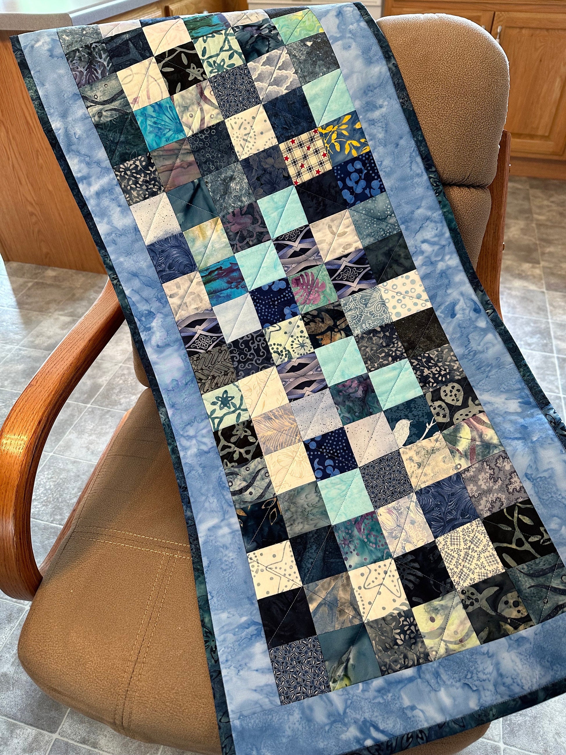 Handmade Blue Quilted Table Runner 16x40 - Custom Kitchen & Dining Room Decor Accent