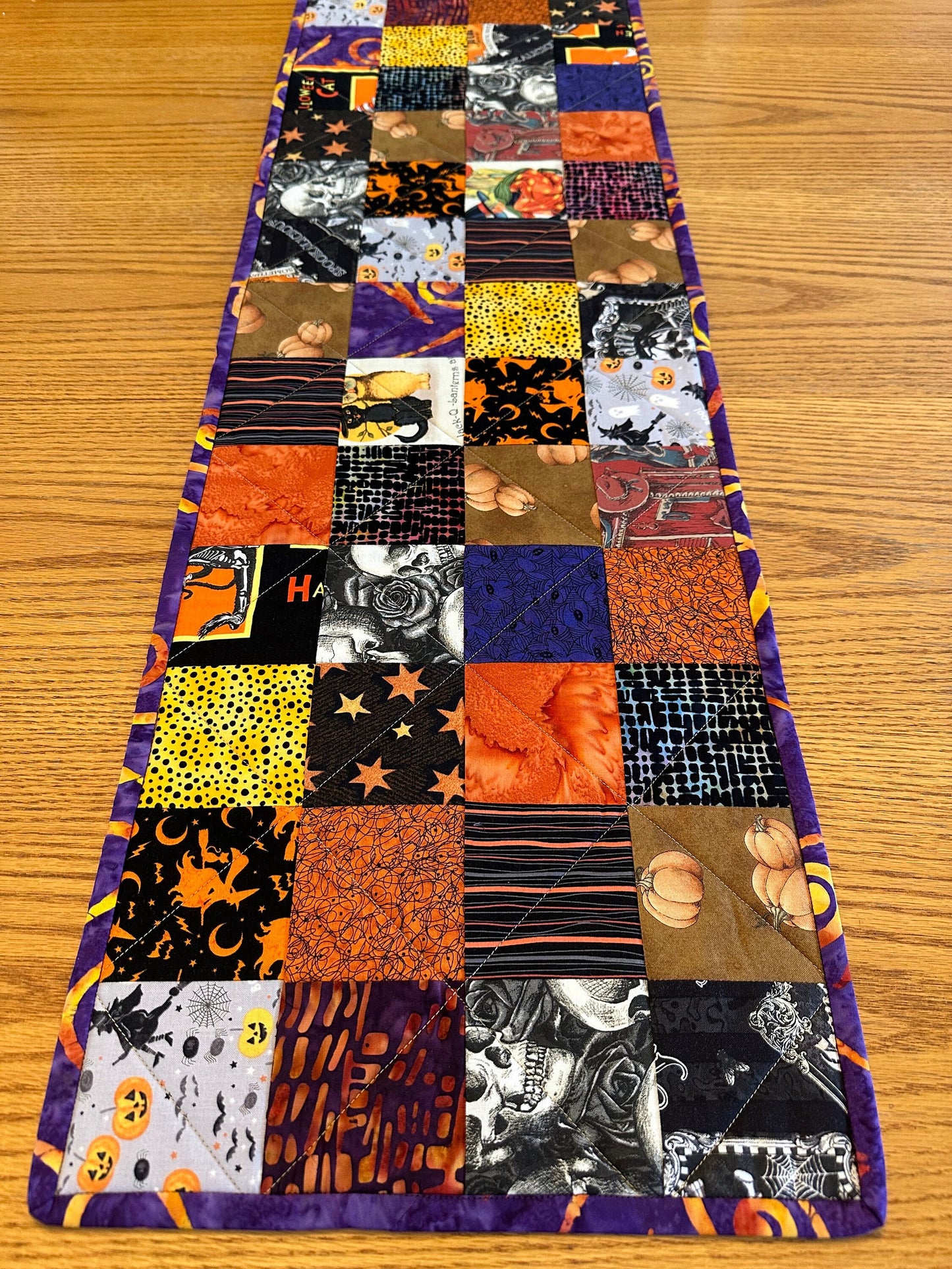 Spooky Halloween Table Runner: Quilted Centerpiece with Pumpkins, Skulls & Witches (12.5 x 40 inches)