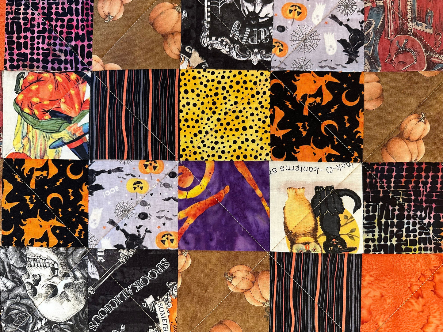 Spooky Halloween Table Runner: Quilted Centerpiece with Pumpkins, Skulls & Witches (12.5 x 40 inches)