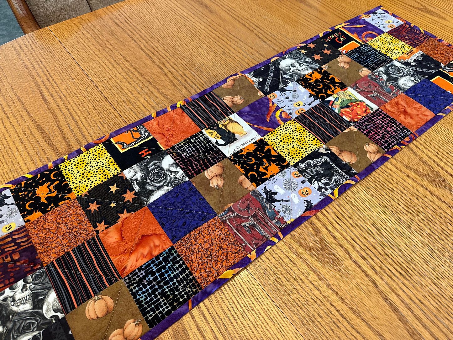 Spooky Halloween Table Runner: Quilted Centerpiece with Pumpkins, Skulls & Witches (12.5 x 40 inches)