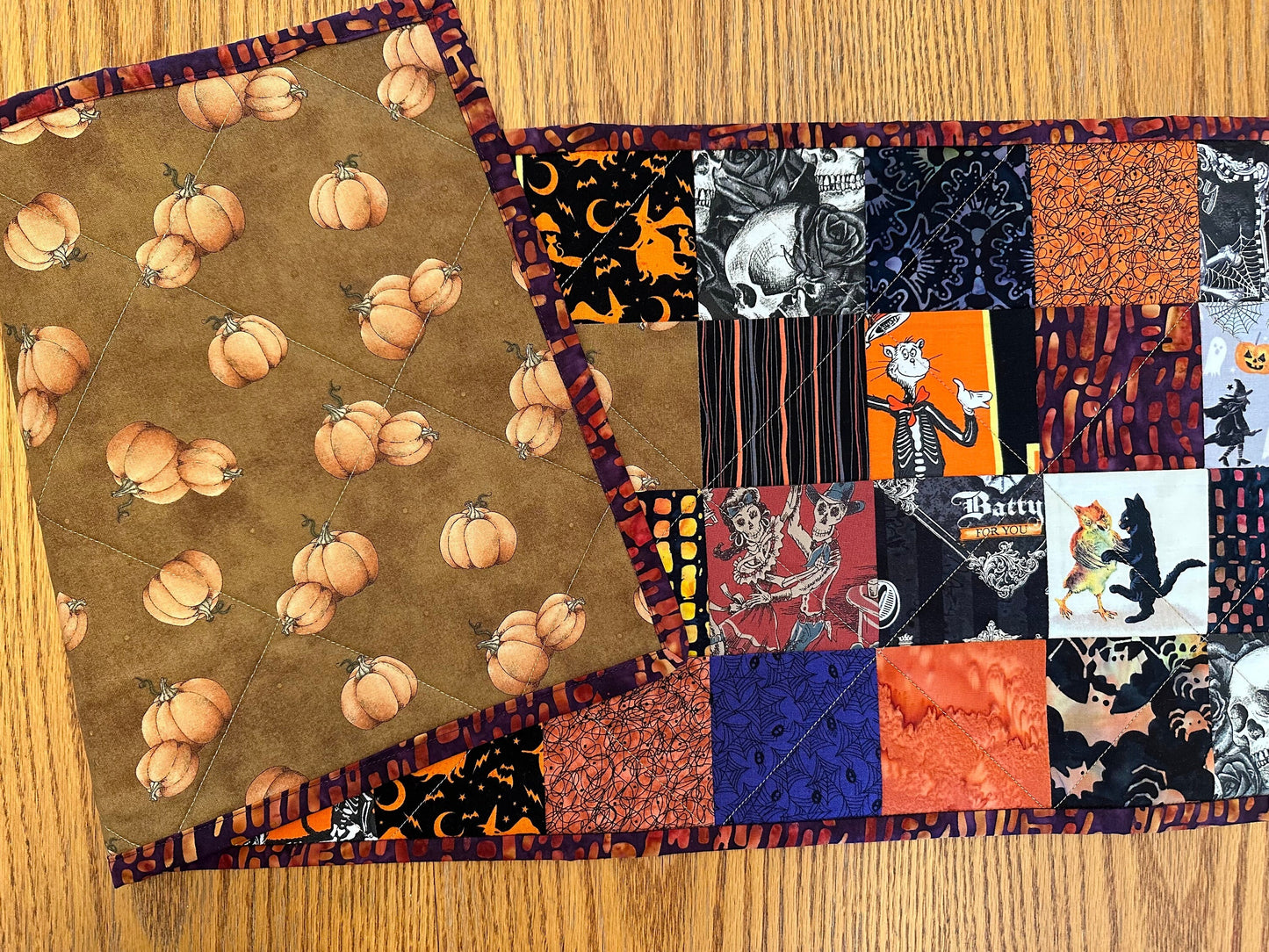 Spooky Halloween Table Runner: Quilted Centerpiece with Pumpkins, Skulls & Witches (12.5 x 40 inches)