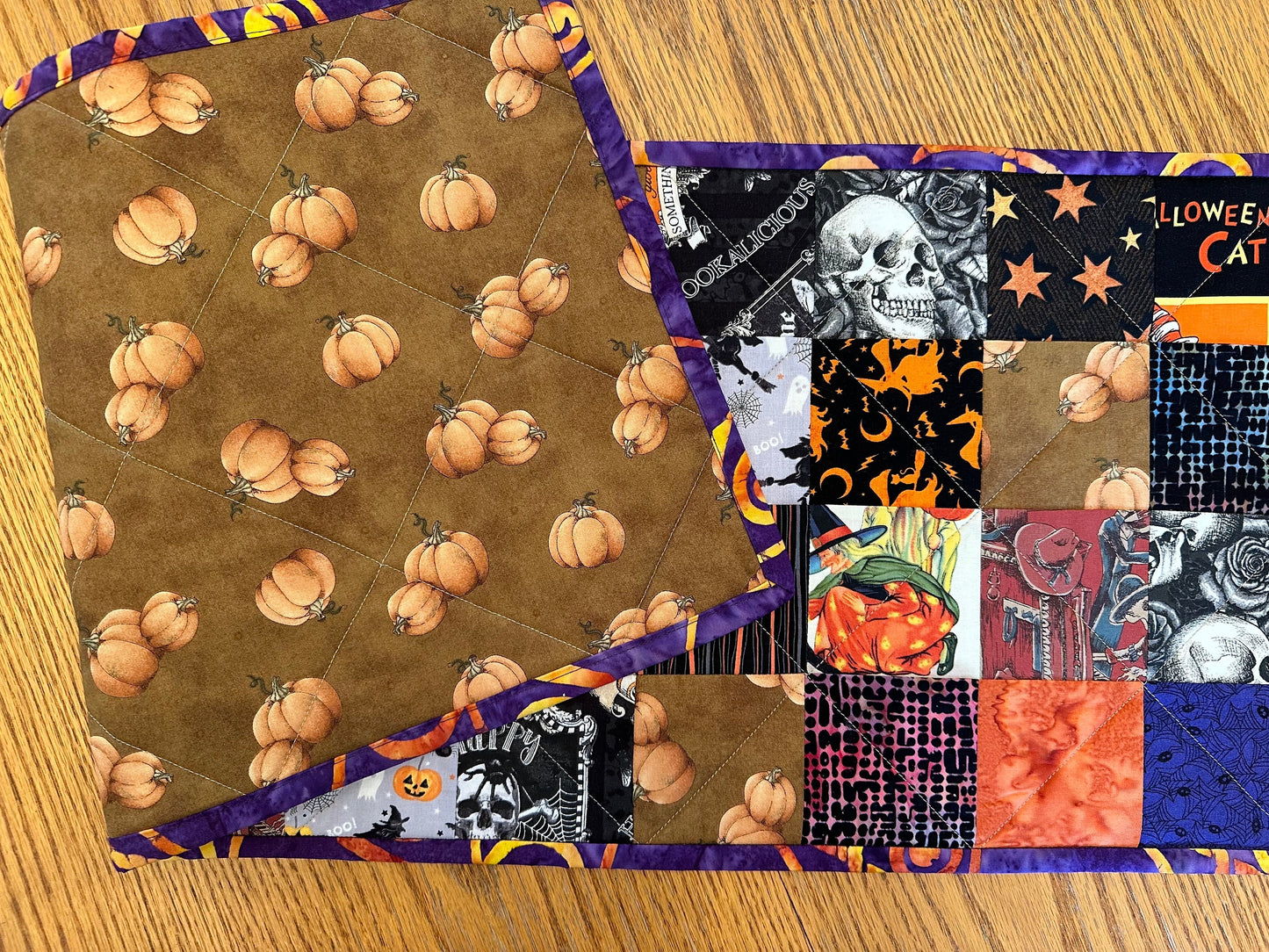 Spooky Halloween Table Runner: Quilted Centerpiece with Pumpkins, Skulls & Witches (12.5 x 40 inches)