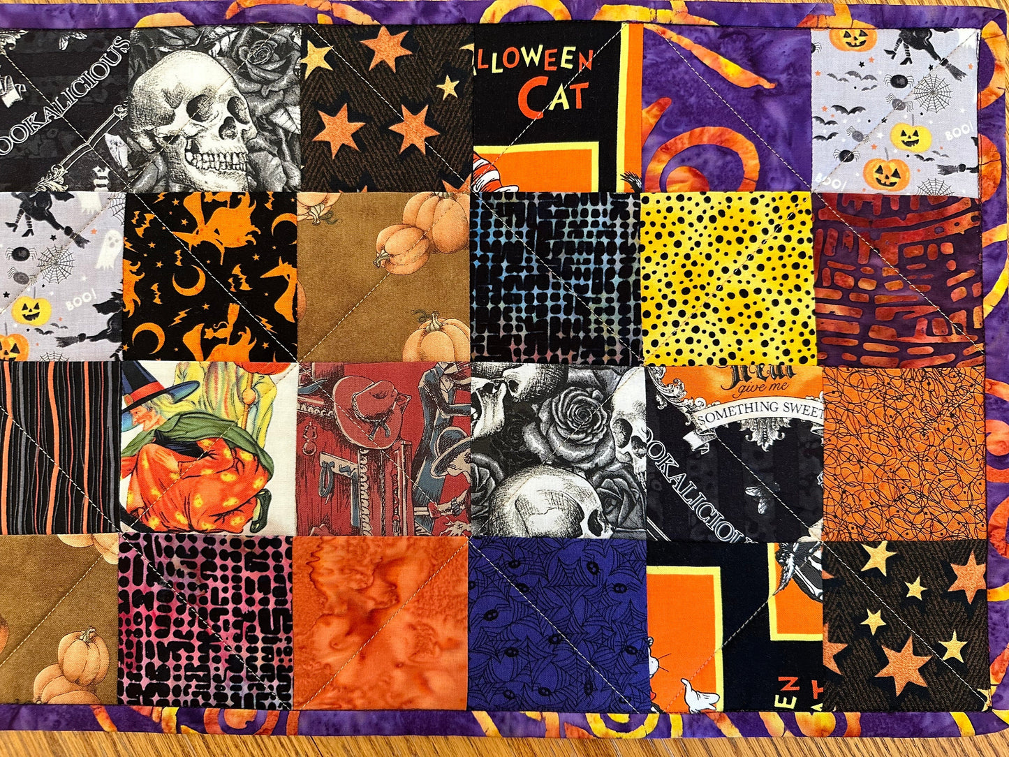 Spooky Halloween Table Runner: Quilted Centerpiece with Pumpkins, Skulls & Witches (12.5 x 40 inches)
