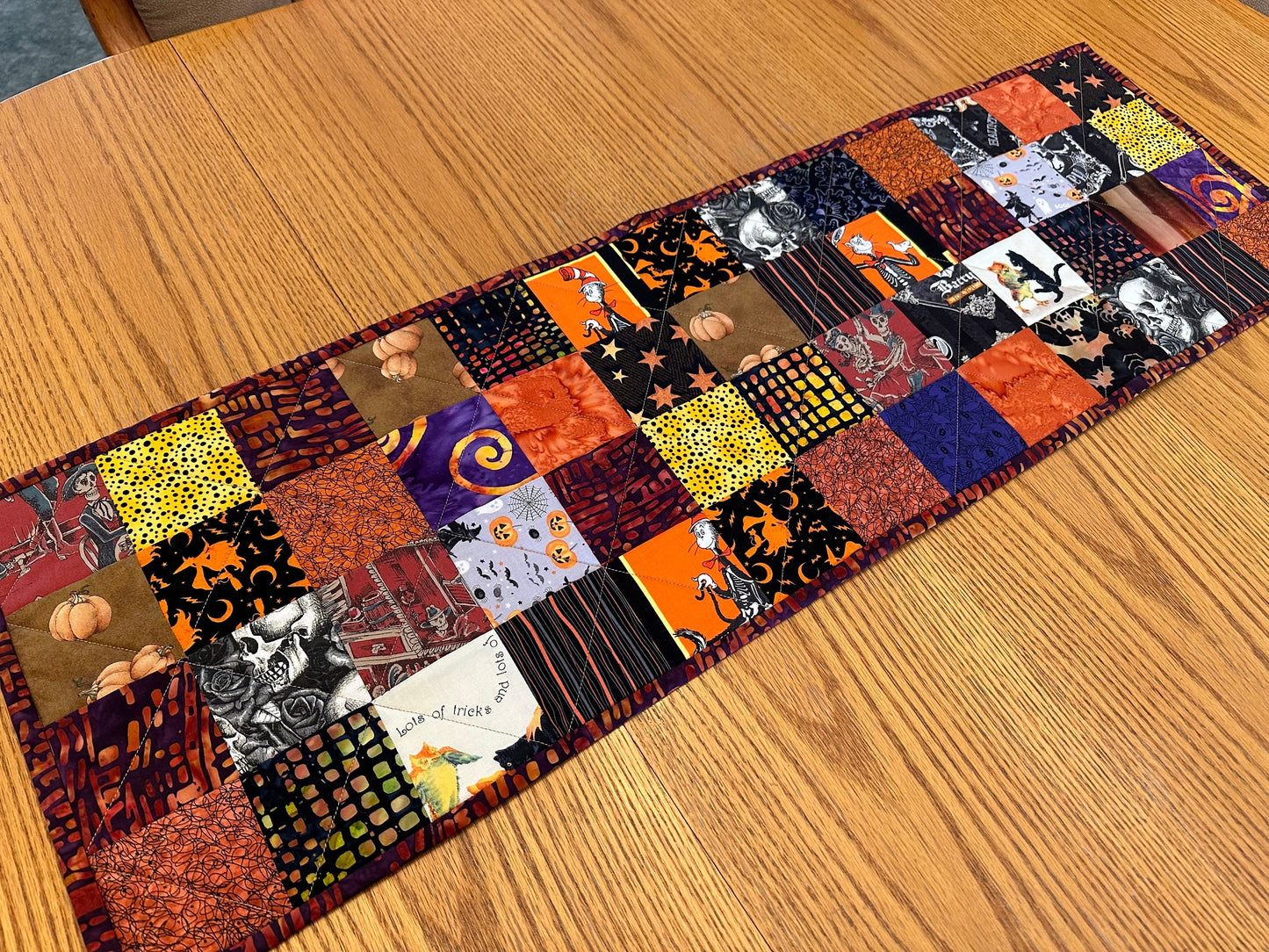 Spooky Halloween Table Runner: Quilted Centerpiece with Pumpkins, Skulls & Witches (12.5 x 40 inches)