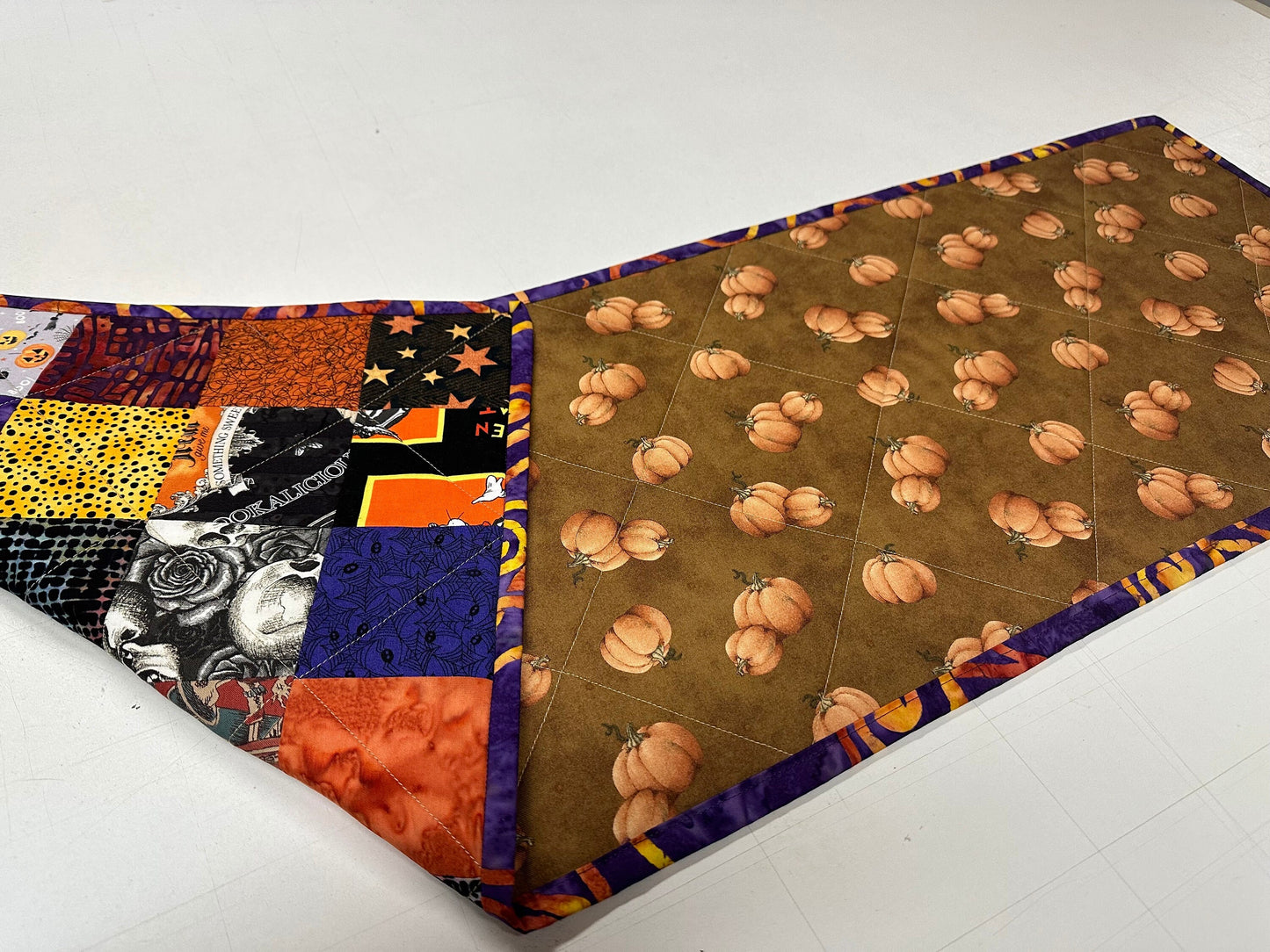 Spooky Halloween Table Runner: Quilted Centerpiece with Pumpkins, Skulls & Witches (12.5 x 40 inches)
