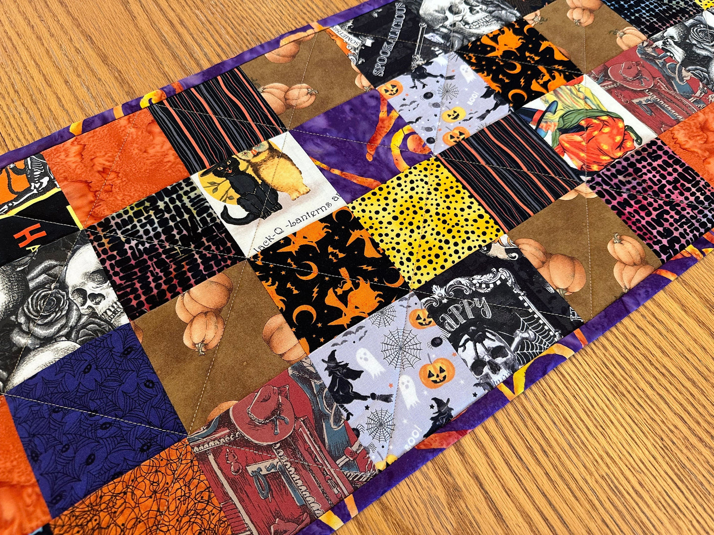 Spooky Halloween Table Runner: Quilted Centerpiece with Pumpkins, Skulls & Witches (12.5 x 40 inches)