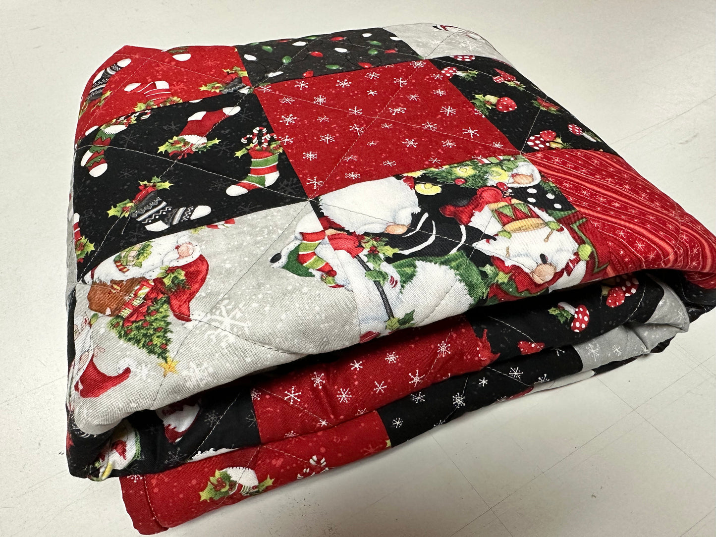 Handmade Christmas Gnome Lap Quilt: Festive Patchwork Throw for Sofa, 55x64 inches