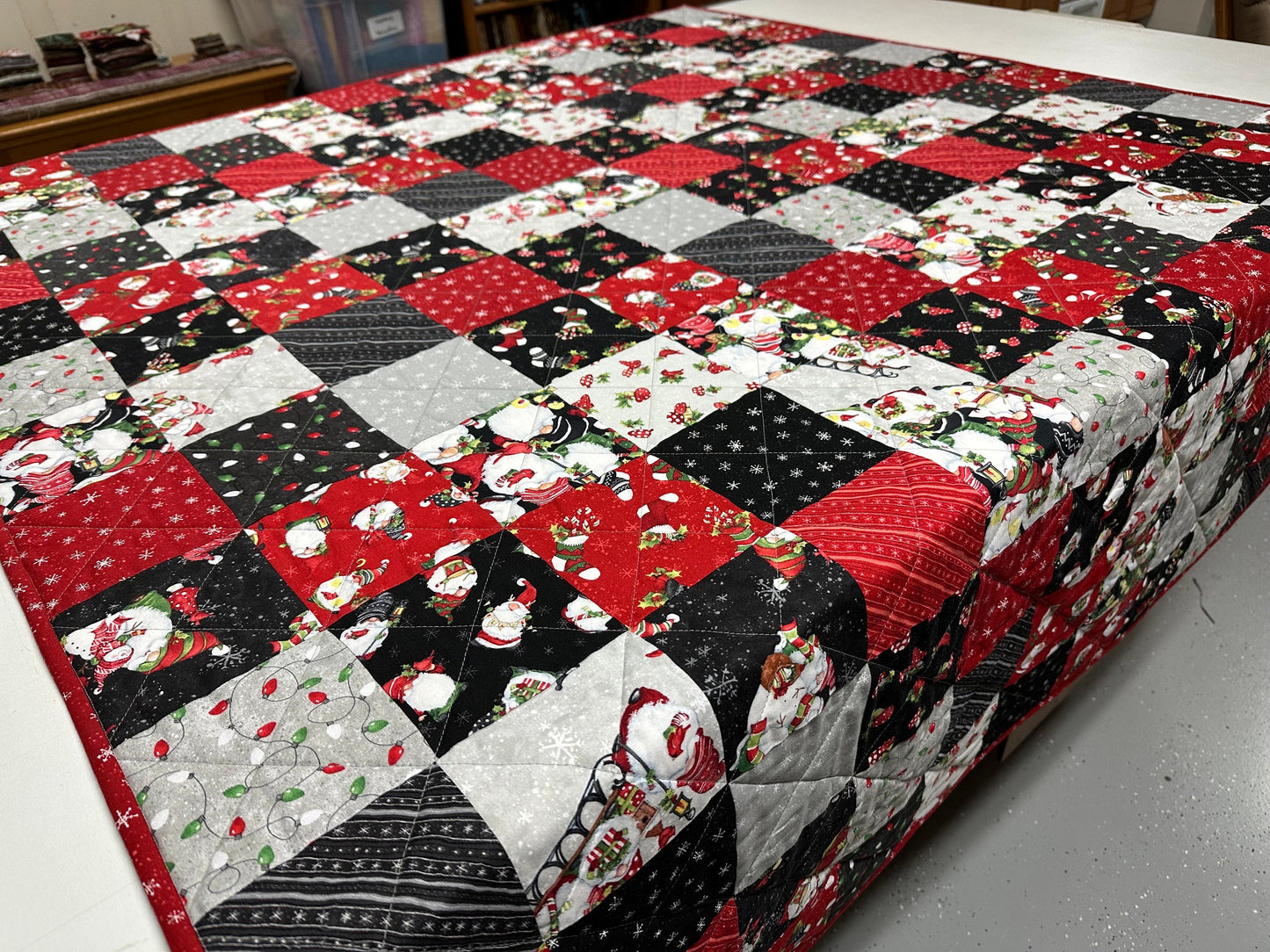 Handmade Christmas Gnome Lap Quilt: Festive Patchwork Throw for Sofa, 55x64 inches