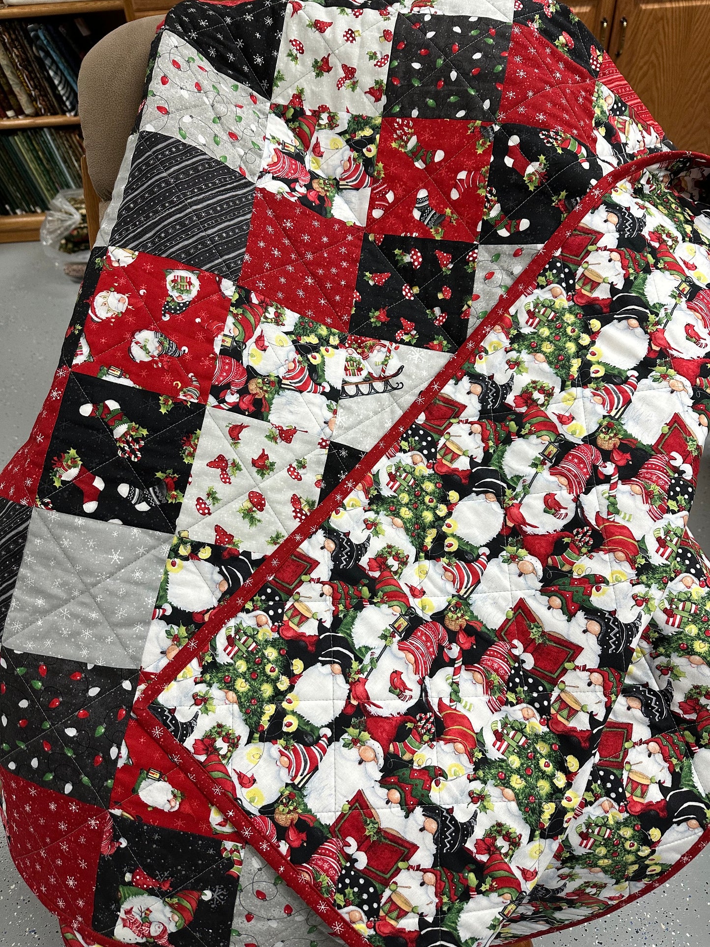 Handmade Christmas Gnome Lap Quilt: Festive Patchwork Throw for Sofa, 55x64 inches