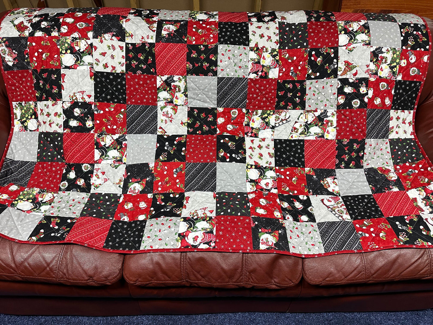 Handmade Christmas Gnome Lap Quilt: Festive Patchwork Throw for Sofa, 55x64 inches