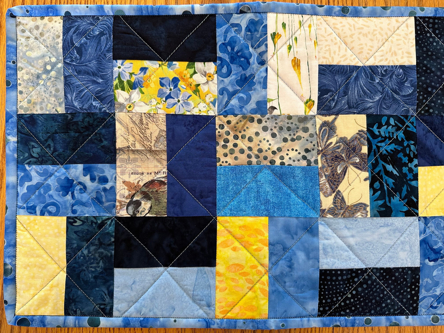 Handmade Quilted Table Runner: Blue & Yellow Spring Fall Kitchen Decor, 12x40 Inch Farmhouse Centerpiece