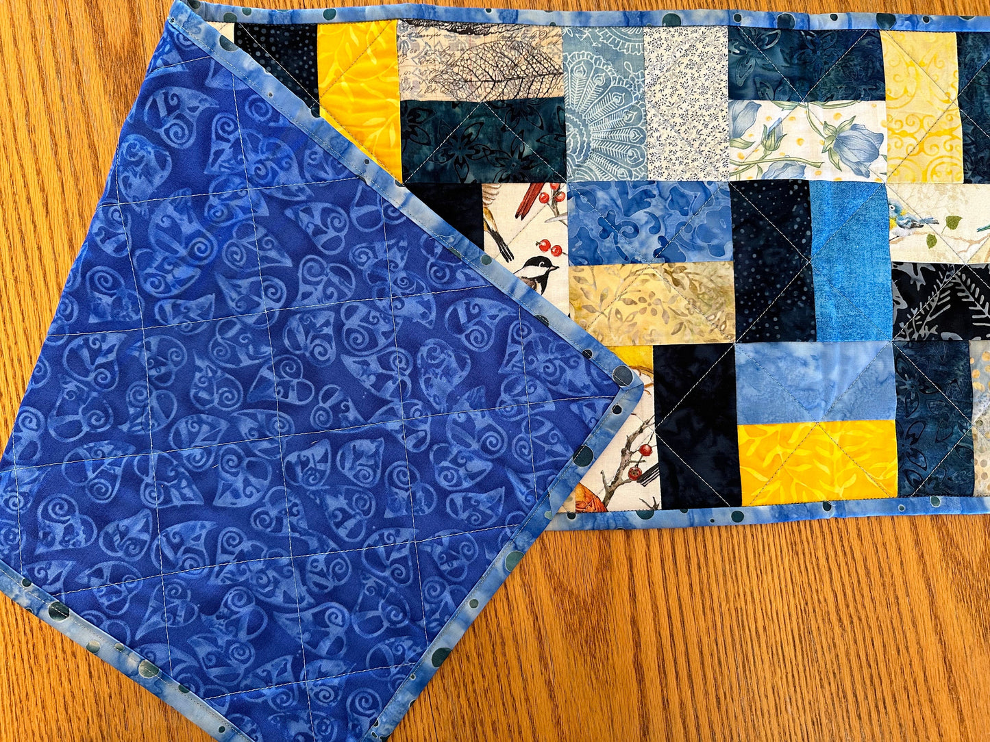 Handmade Quilted Table Runner: Blue & Yellow Spring Fall Kitchen Decor, 12x40 Inch Farmhouse Centerpiece