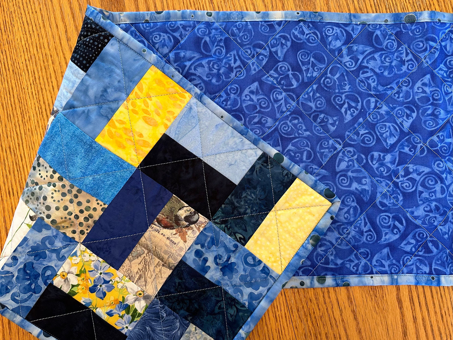 Handmade Quilted Table Runner: Blue & Yellow Spring Fall Kitchen Decor, 12x40 Inch Farmhouse Centerpiece