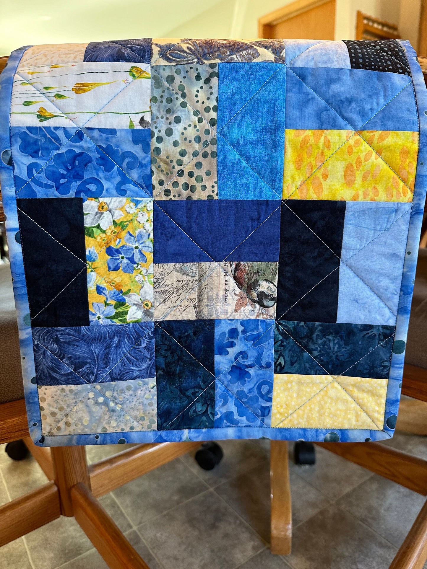 Handmade Quilted Table Runner: Blue & Yellow Spring Fall Kitchen Decor, 12x40 Inch Farmhouse Centerpiece