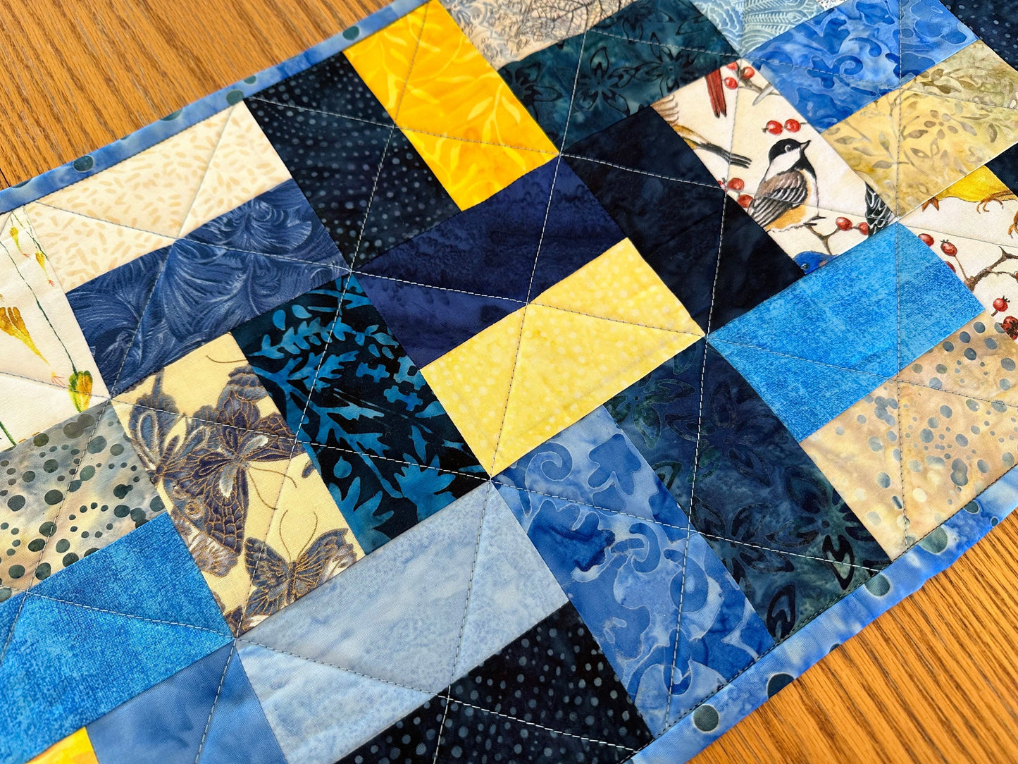 Handmade Quilted Table Runner: Blue & Yellow Spring Fall Kitchen Decor, 12x40 Inch Farmhouse Centerpiece