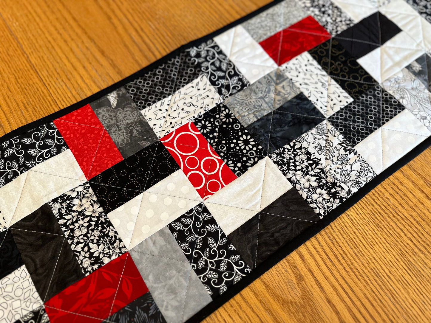 Handmade Quilted Table Runner: Black, Red & White Centerpiece for Home Decor (12x40 inches)