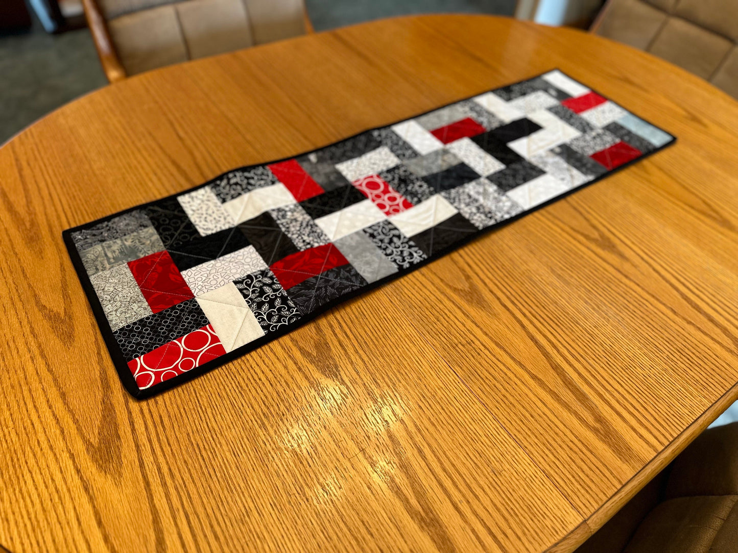 Handmade Quilted Table Runner: Black, Red & White Centerpiece for Home Decor (12x40 inches)
