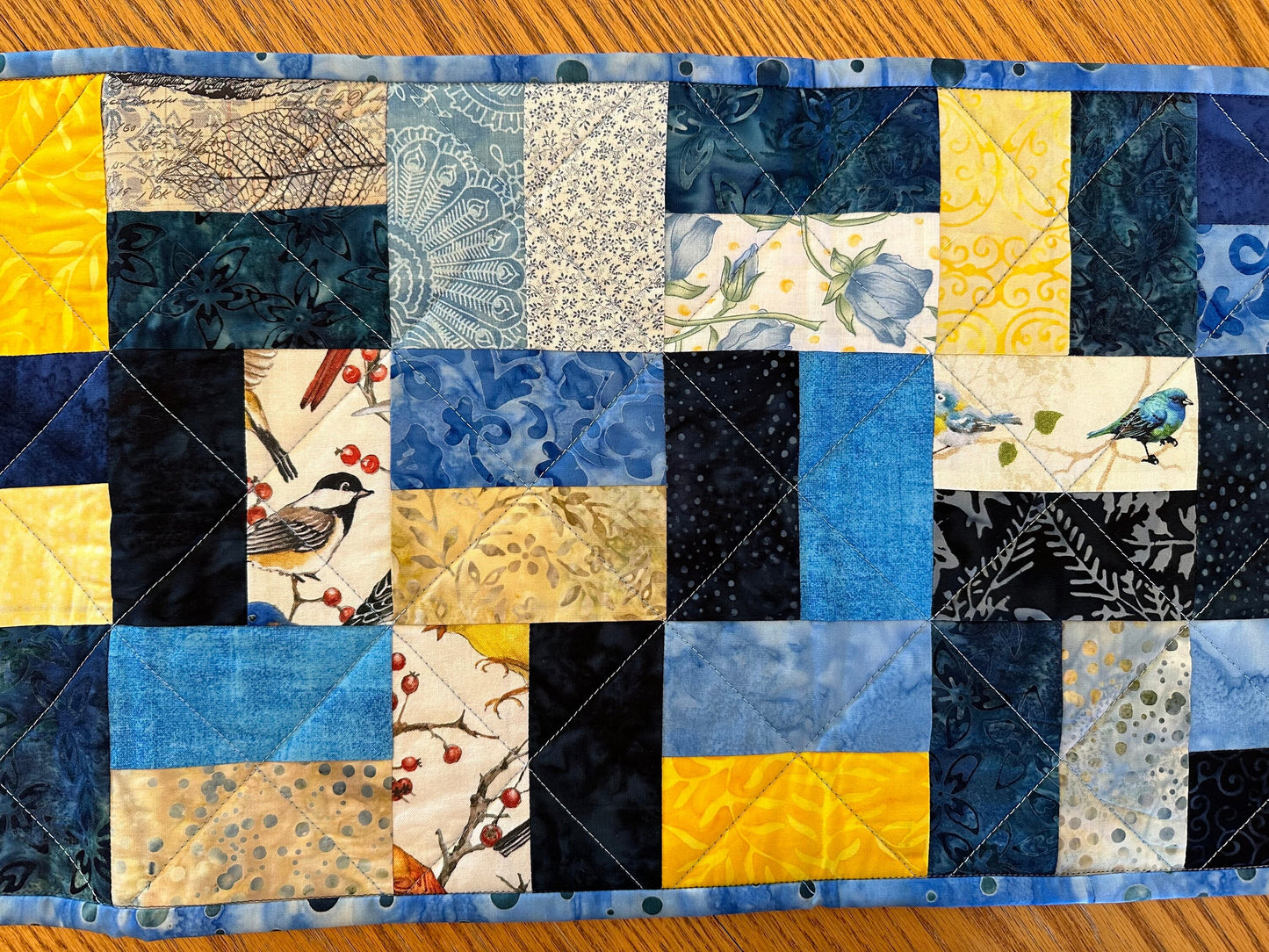 Handmade Quilted Table Runner: Blue & Yellow Spring Fall Kitchen Decor, 12x40 Inch Farmhouse Centerpiece