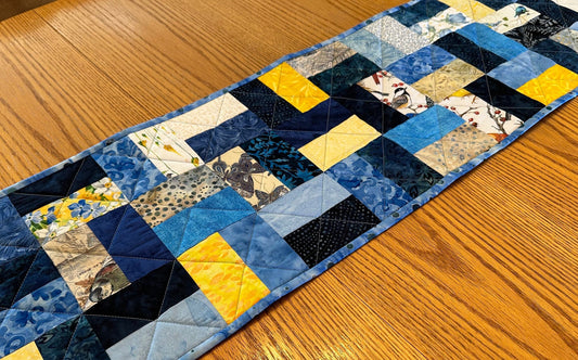 Handmade Quilted Table Runner: Blue & Yellow Spring Fall Kitchen Decor, 12x40 Inch Farmhouse Centerpiece